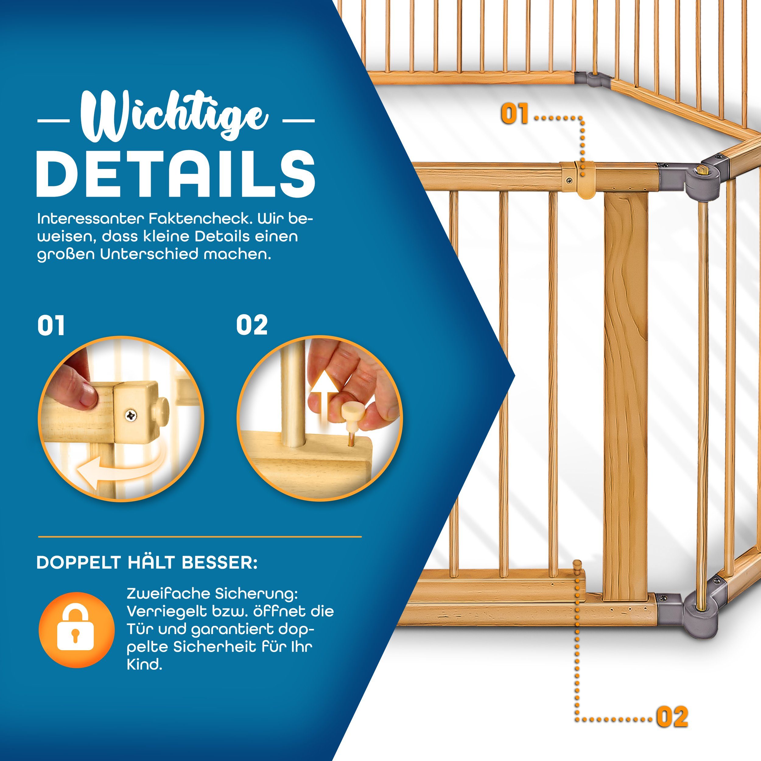 KIDUKU Laufgitter 7,2 Meter Laufstall XXL klappbar inkl. Tür, bestehend aus 8 Elementen (mit doppelter Sicherung für Kinder Krabbelgitter), Absperrgitter individuell formbar