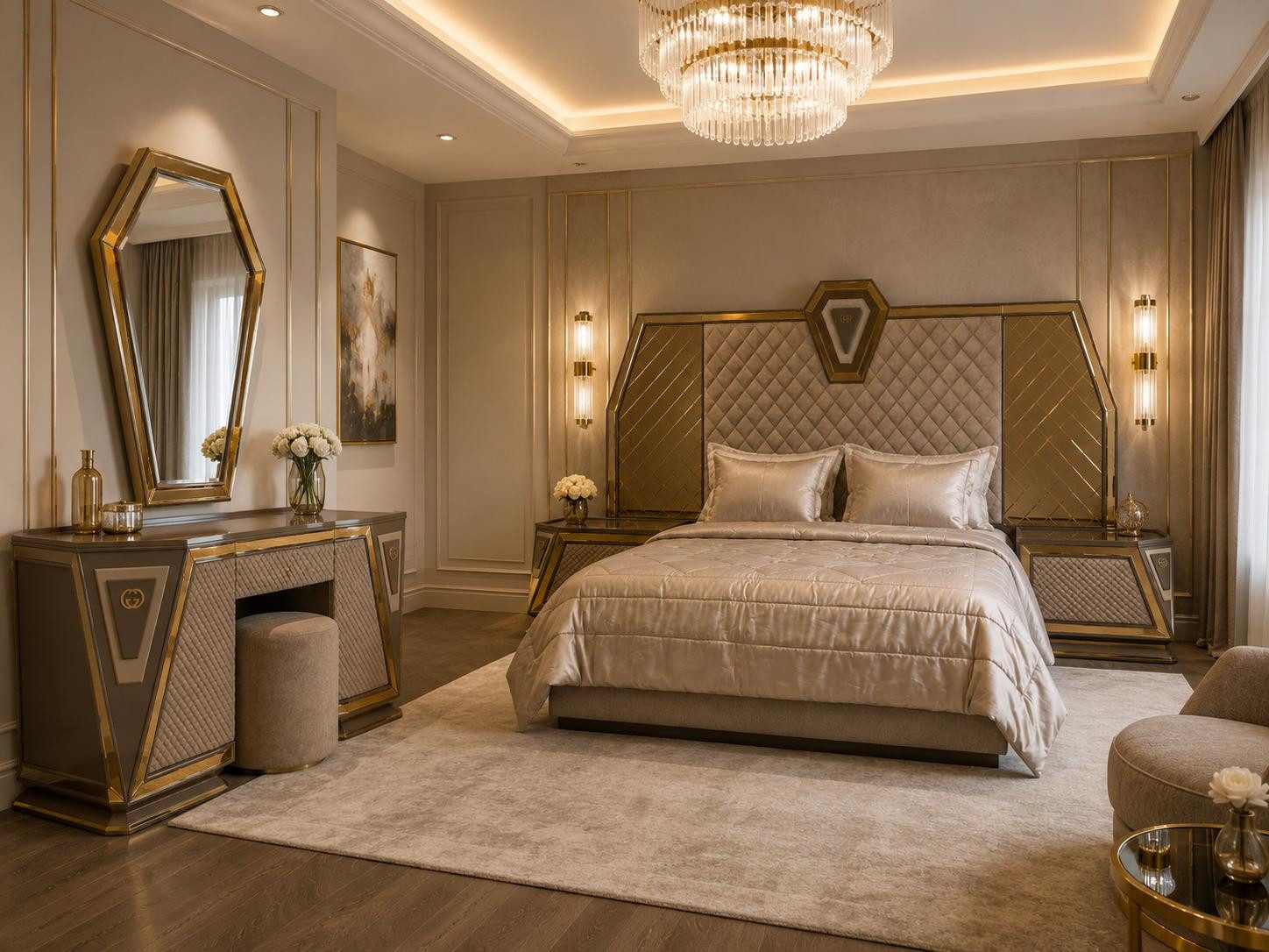 JVmoebel Schminktisch Stilvolles Schlafzimmer-Set mit Bett, Schminktisch, Spiegel & Hocker (4-St., 4-tlg), Mit Schubladen