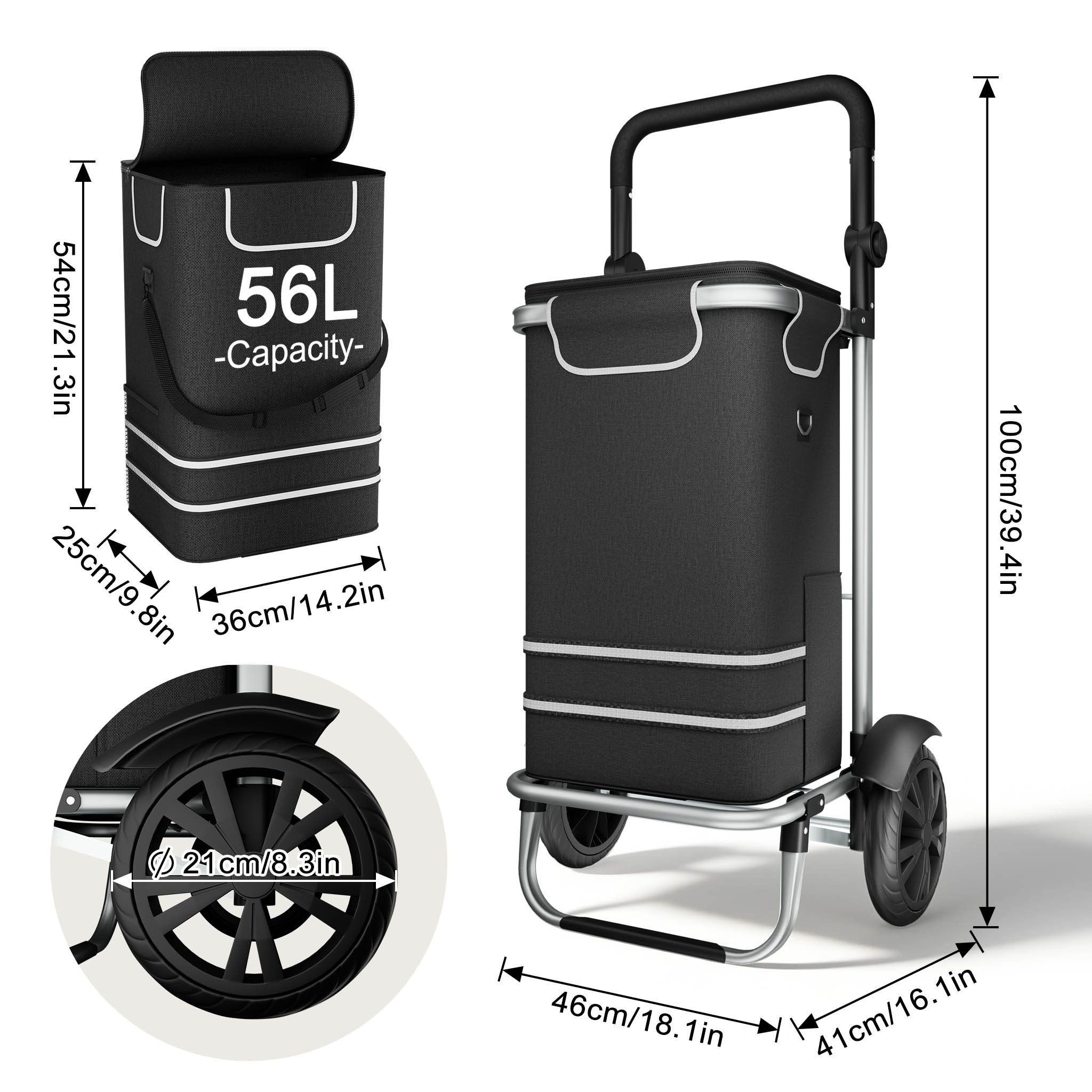 FIVMEN Einkaufstrolley 56L Trolley Einkaufswagen mit Extra Großen Rädern, 3 in 1 Treppensteiger Trolley mit Wasserdichter Tasche und Kühlfach – Bild 2 von 5