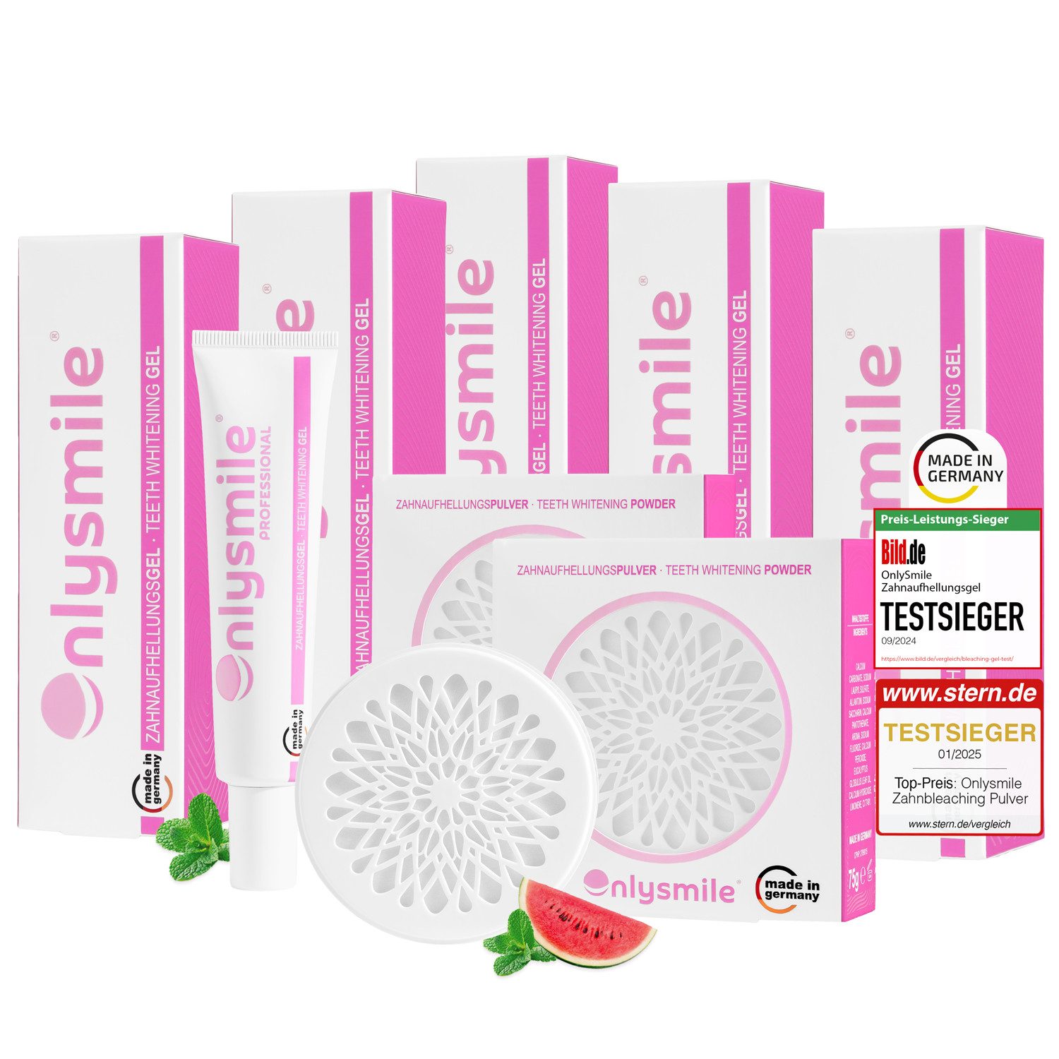 OnlySmile Zahnbleaching-Kit 1-Year Whitening Bundle – 5x Whitening Gel & 2x Zahnpulver, Enthält 5 Gele + 2 Zahnpulver