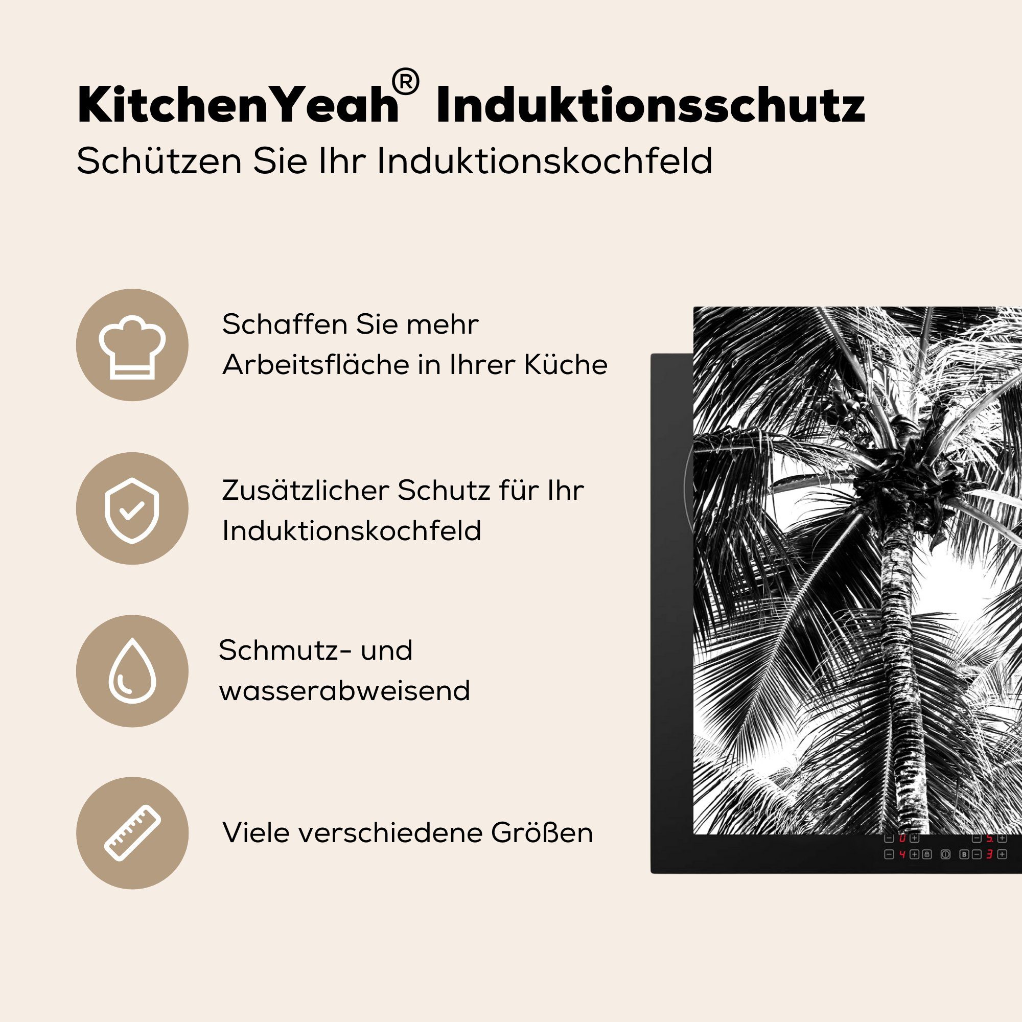 cm, die Schutz Weiß, Vinyl, 81x52 - - Sommer Induktionskochfeld Palme Herdblende-/Abdeckplatte tlg), Schwarz (1 Ceranfeldabdeckung - küche, MuchoWow für