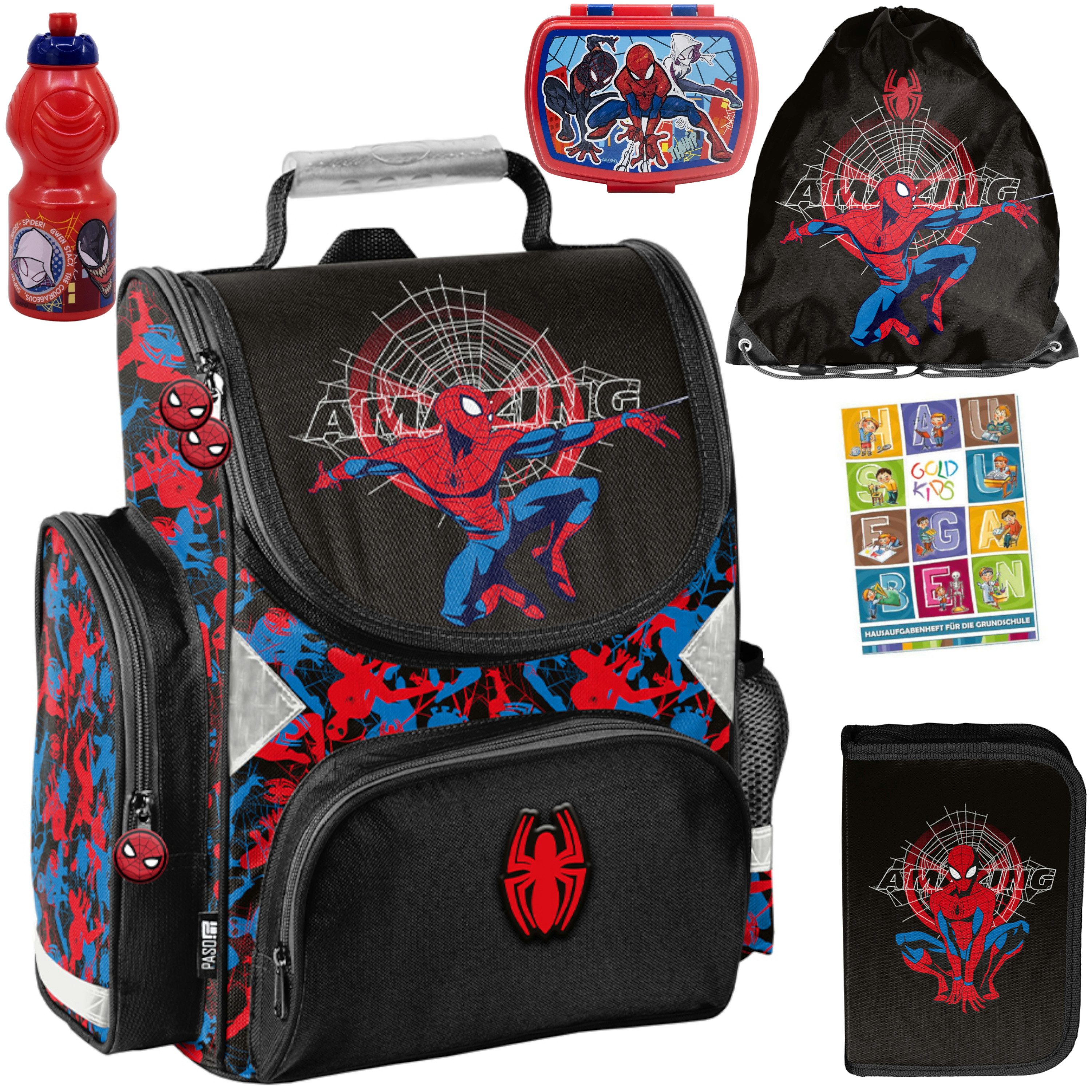 GOLDKIDS Schulranzen für Jungen und Mädchen, Set - (Schul-Rucksack für Kinder mit Federmäppchen -, 6-tlg., Schuhbeutel und Hausaufgabenheft), - Spiderman 1-3 Klasse