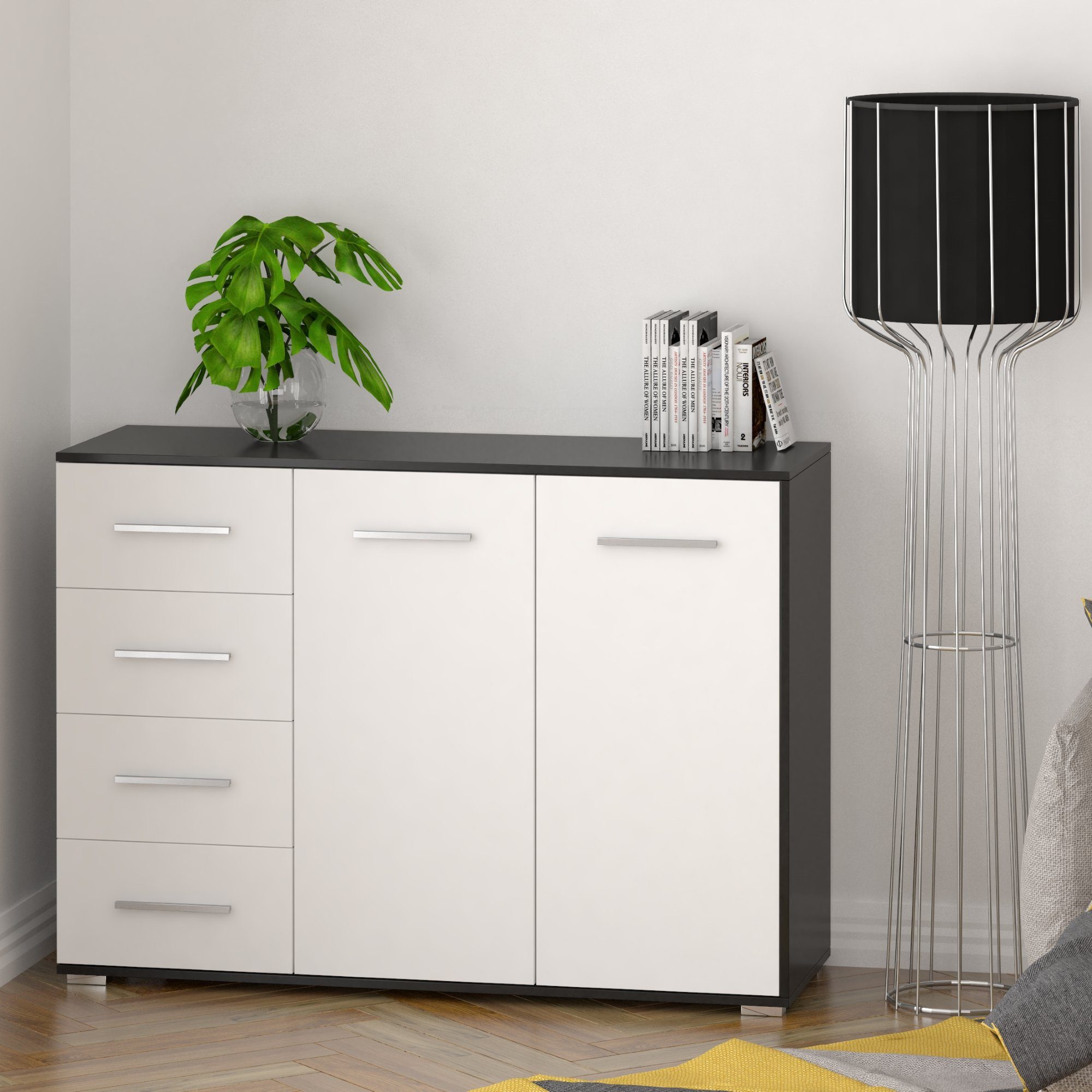 schwarz-weiß Schiebetürenschrank Kommode Polini Comfort 2-teilig Möbelset Prime Kleiderschrank mit Home