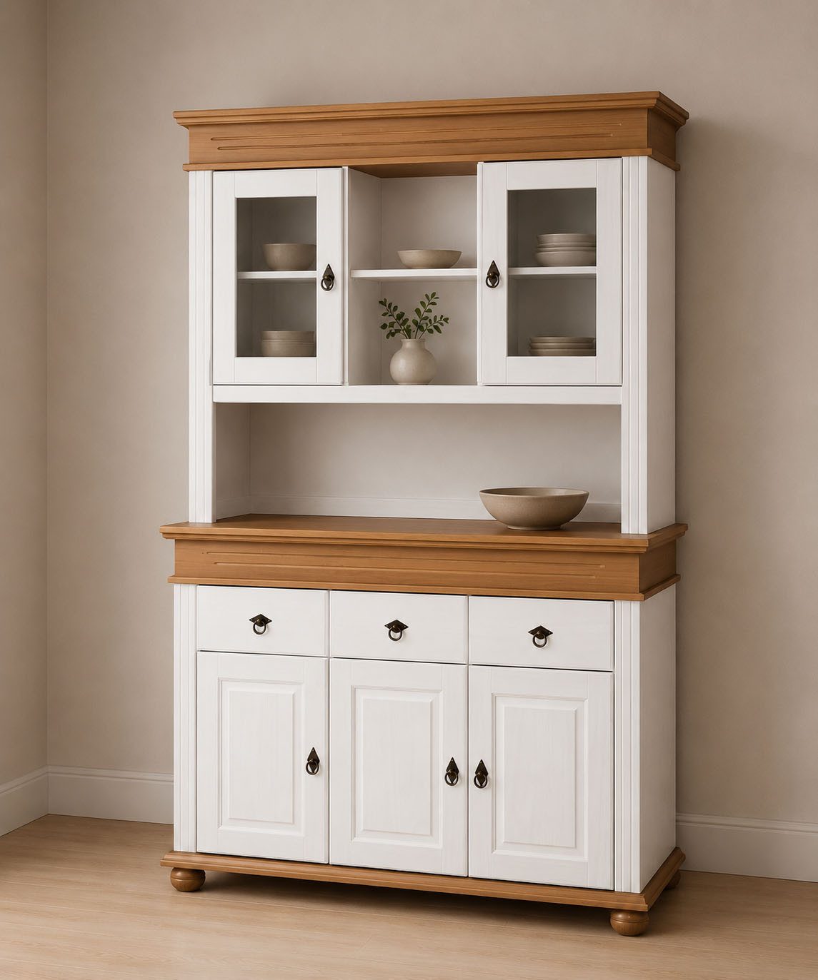 Inter Link Buffet Halmaro, Kiefer Massivholz, Weiss/Grau-Lava, 141 x 46,30 x 213 cm (1-St) Vitrine im Laudhausstil, Küchenschrank mit Glastüren, viel Stauraum