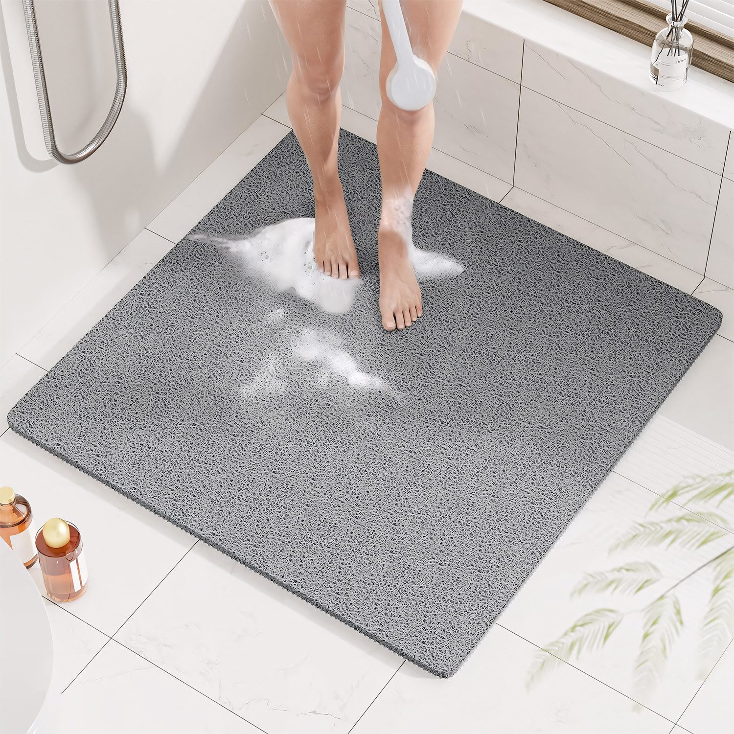 HEYHIPPO Duschmatte Rutschfeste Duschmatte – PVC, ohne Saugnäpfe, schnelltrocknend, grau, rutschhemmend beschichtet, schnell trocknend, PVC, Antirutsch Badematte mit Abflusslöchern – Luffa-Duschmatte, 80×80 cm