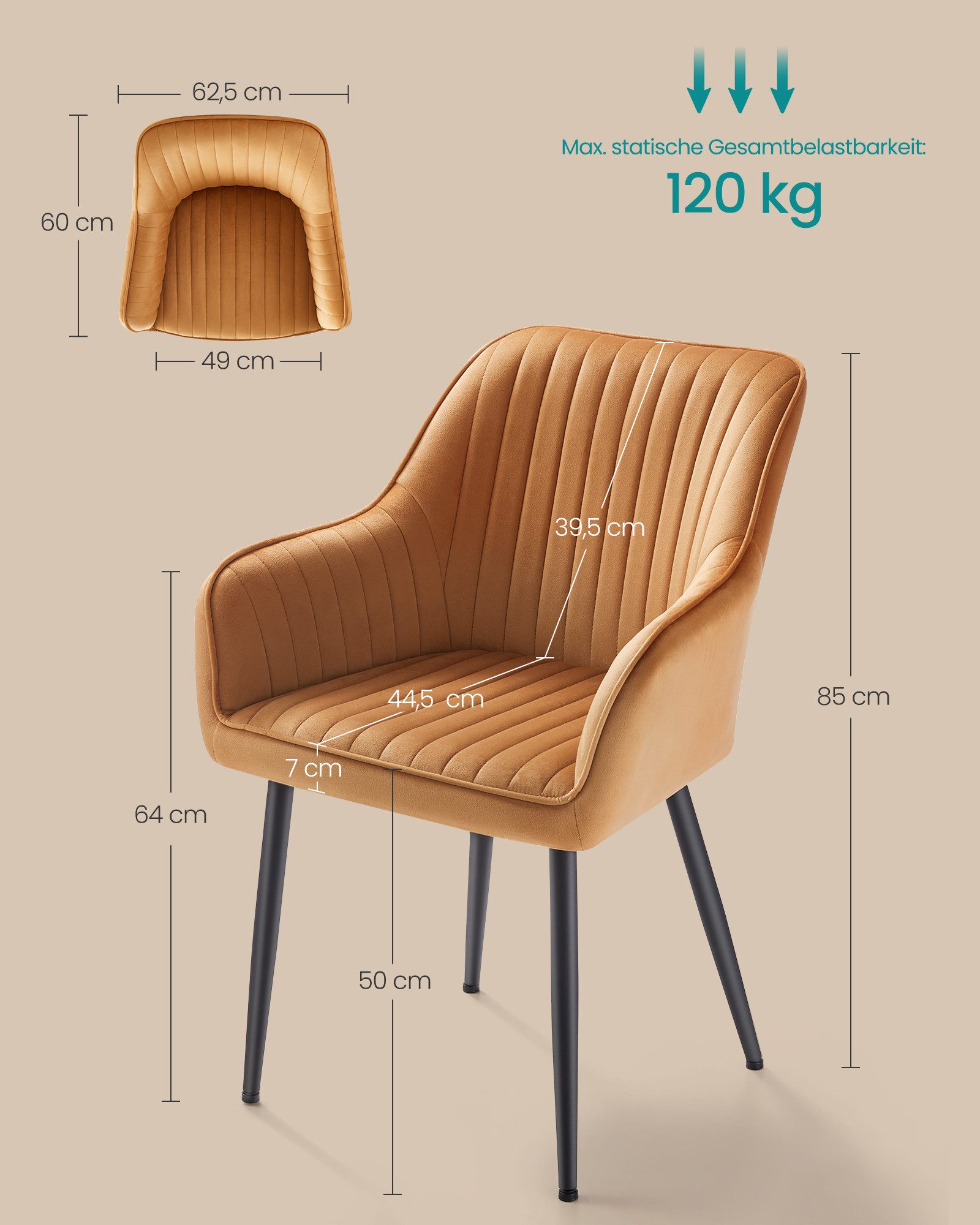 SONGMICS Esszimmerstuhl Küchenstuhl aus Samt, Polsterstuhl mit Armlehnen, Loungesessel (2 St), bis 120 kg belastbar, für Esszimmer, Küche, mit Armlehnen, Metall – Bild 4 von 5