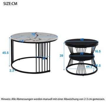 BlingBin Couchtisch Couchtisch-Set, Sofa-Beistelltisch (2-St., Moderner Nesting-Couchtisch Marmormuster Hochglanz-Tischplatte), runder Nesting-Couchtisch, 2er-Set, schwarzer Rahmen