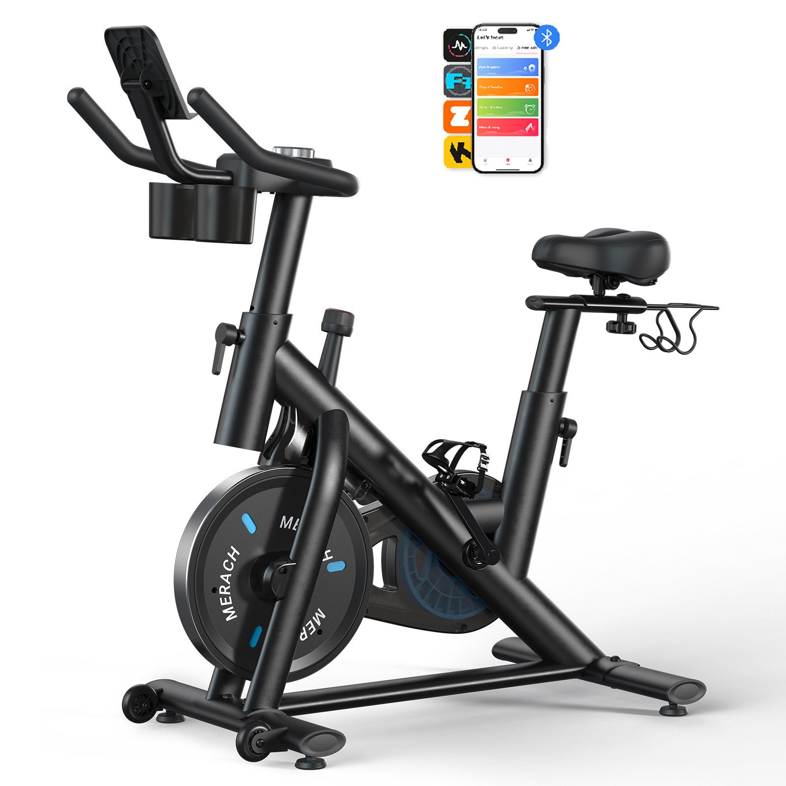 MERACH Fitnessbike Heimtrainer Fahhrad für Zuhause, leises Fitnessbike mit Tablet-Halter, (Leises Bremsbelag Fahhrad, 2-Wege verstellbare rutschfeste Lenker, 1-tlg., Hometrainer Fahhrad mit LED-Display, Bluetooth, 136KG Belastbar), Indoor Cycling für Kardiotraining zu Hause, Verstellbare Sitz, APP