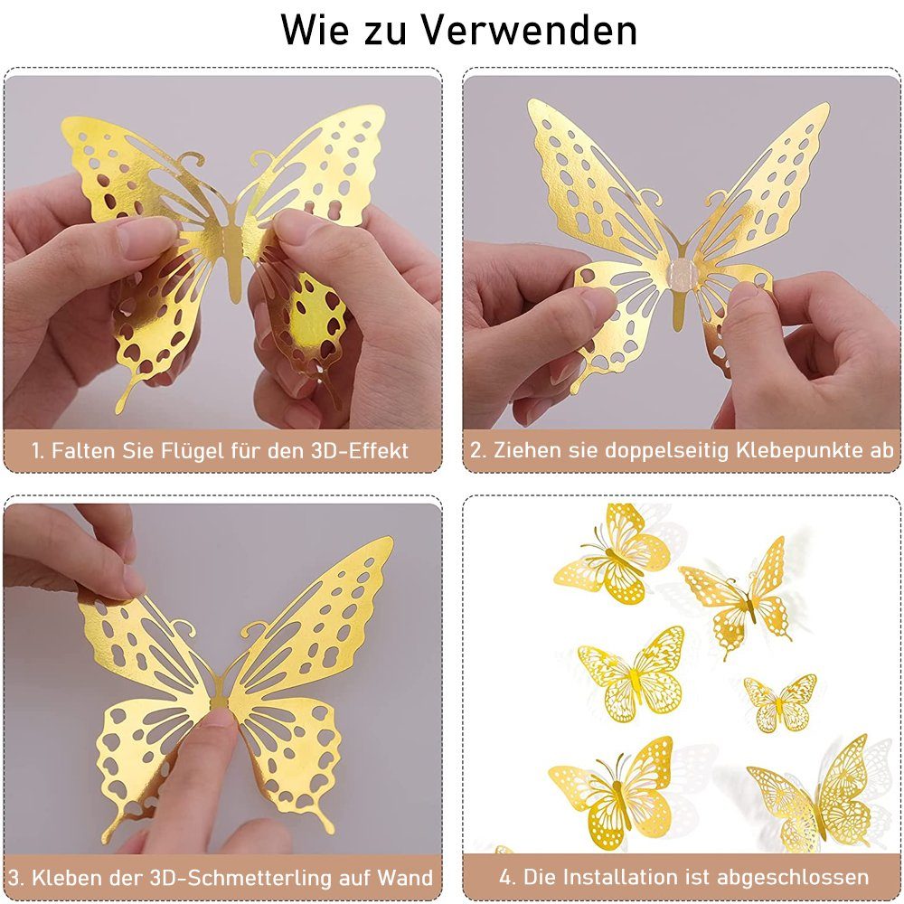 Wandaufkleber,4 3D-Wandtattoo Größe Schmetterling Stück Arten Gold 3 3D NUODWELL Deko Aufkleber 48