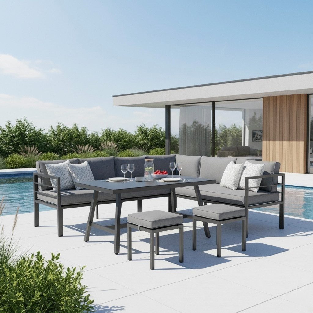 Gardissimo Gartenlounge-Set Lima Lounge / Gartenmöbelset / Dining Ecklounge Set, (Set, 4-tlg., Alu, Ecklounge, Esstisch, 2 Hocker, inkl. Auflagen), UV-beständig / mit Esstisch