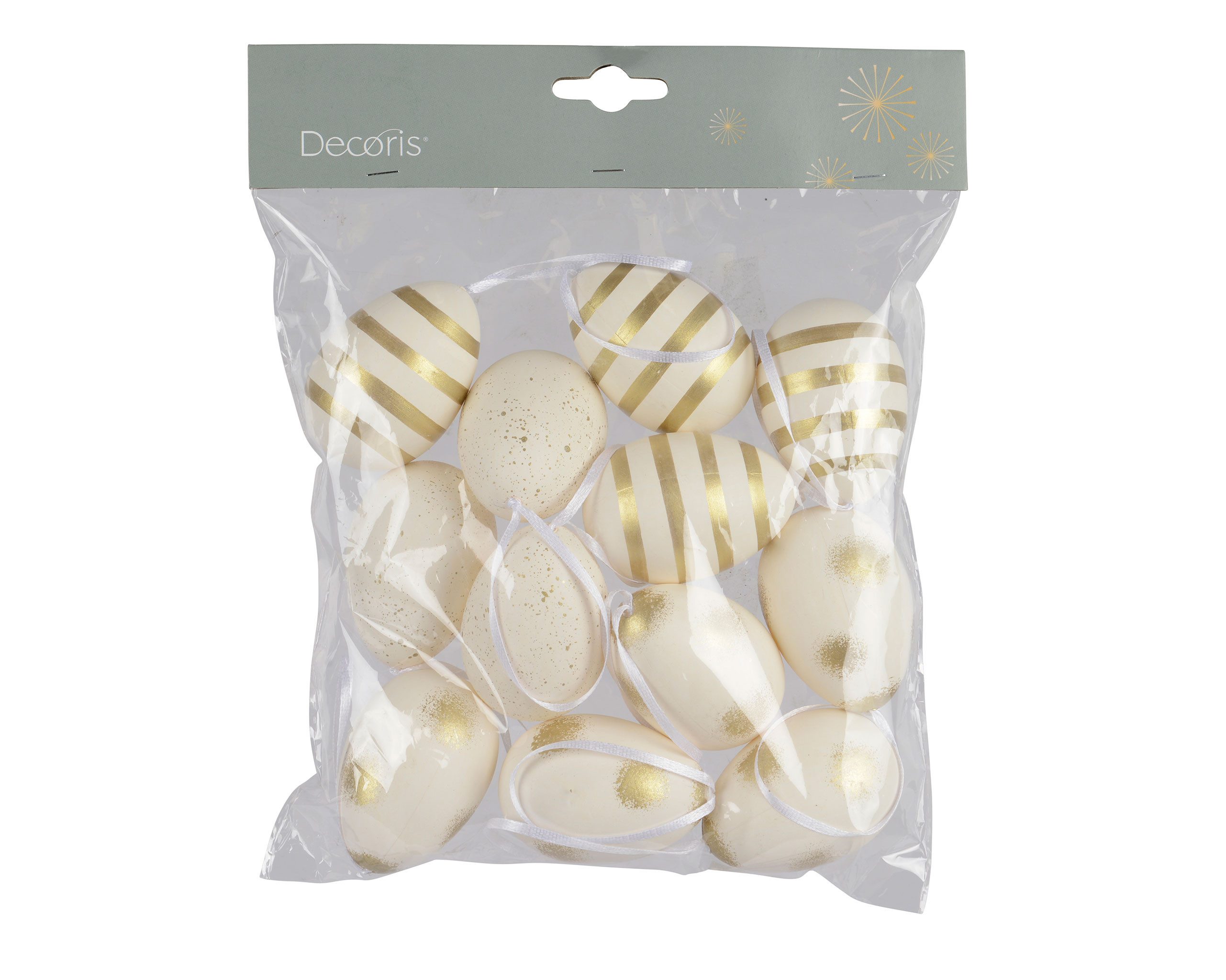 Decoris season decorations Osterei, Ostereier zum Aufhängen 4x6cm bruchfest 12er Set Weiß / Gold