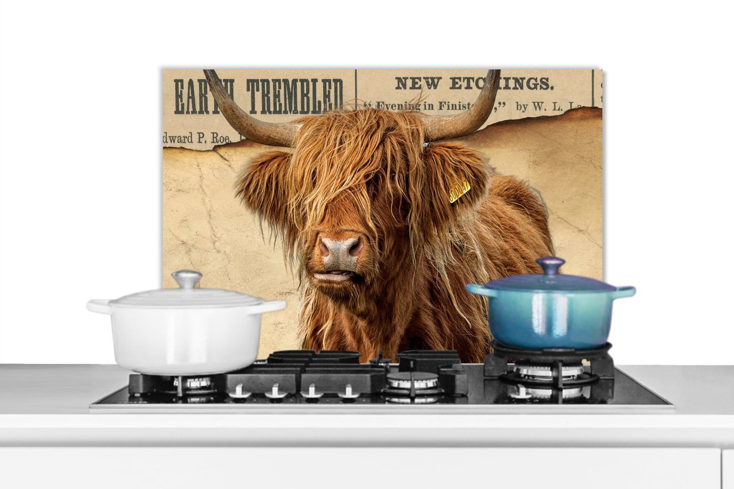 MuchoWow Küchenrückwand Schottischer Highlander - Vintage - Kuh, (1-tlg), 60x40 cm, Herdblende aus Wandschutz, Temperaturbeständig küchen