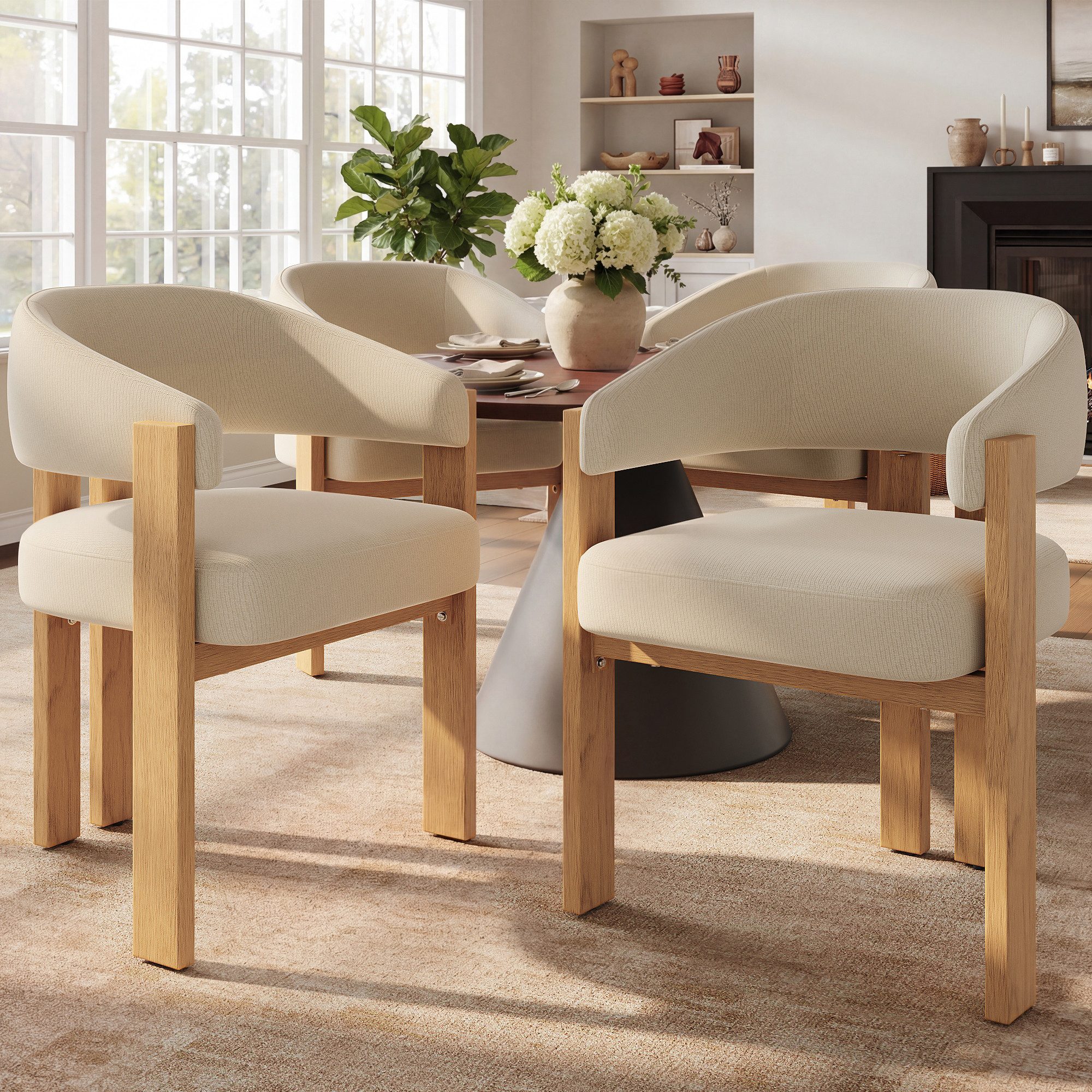 Flieks Polsterstuhl Gestell aus Eisen in Holzoptik Natur, Bezug aus Flanellstoff (Set, 4 St), 2er Set Esszimmerstühle Armlehnstühle Wohnzimmerstuhl Beige