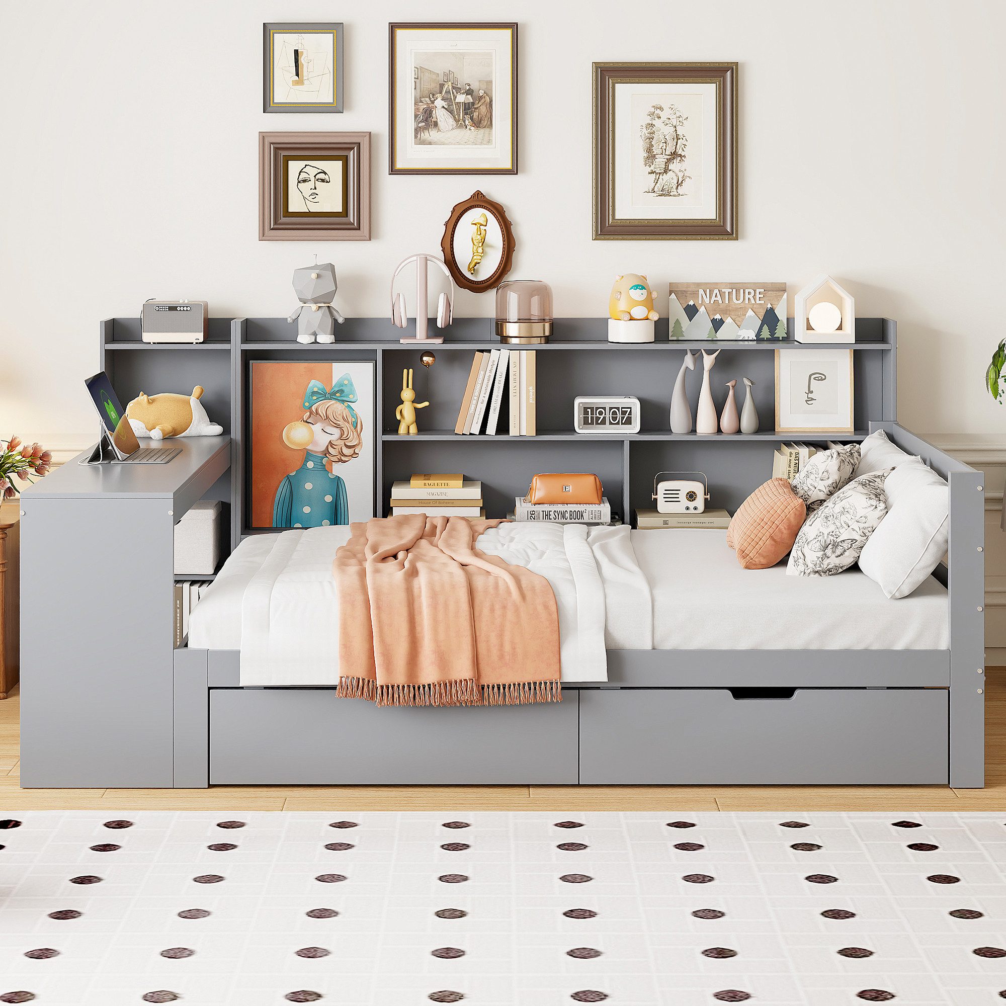 Flieks Massivholzbett, Daybett Kinderbett 90x200cm mit Schreibtisch Steckdose 2 Schubladen