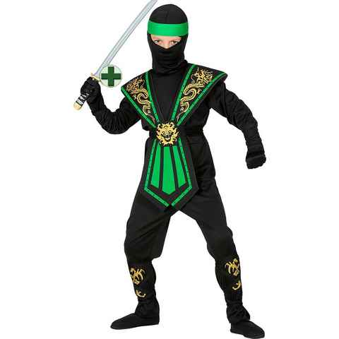Karneval-Klamotten Kostüm Ninja Samurai grün schwarz mit Schwert, Kinderkostüm Ninja Kämpfer Junge
