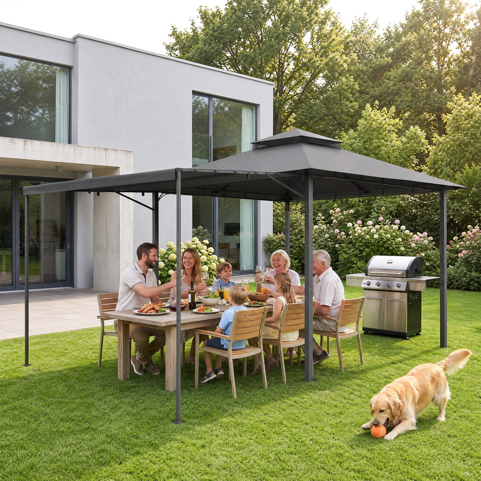 GUNJI Pavillon Doppellagiges Grillpavillon mit 1,8m Ausziehbarer Seitenmarkise, flexibel verstellbare Schattenflächen für Garten Terrasse Grillabend