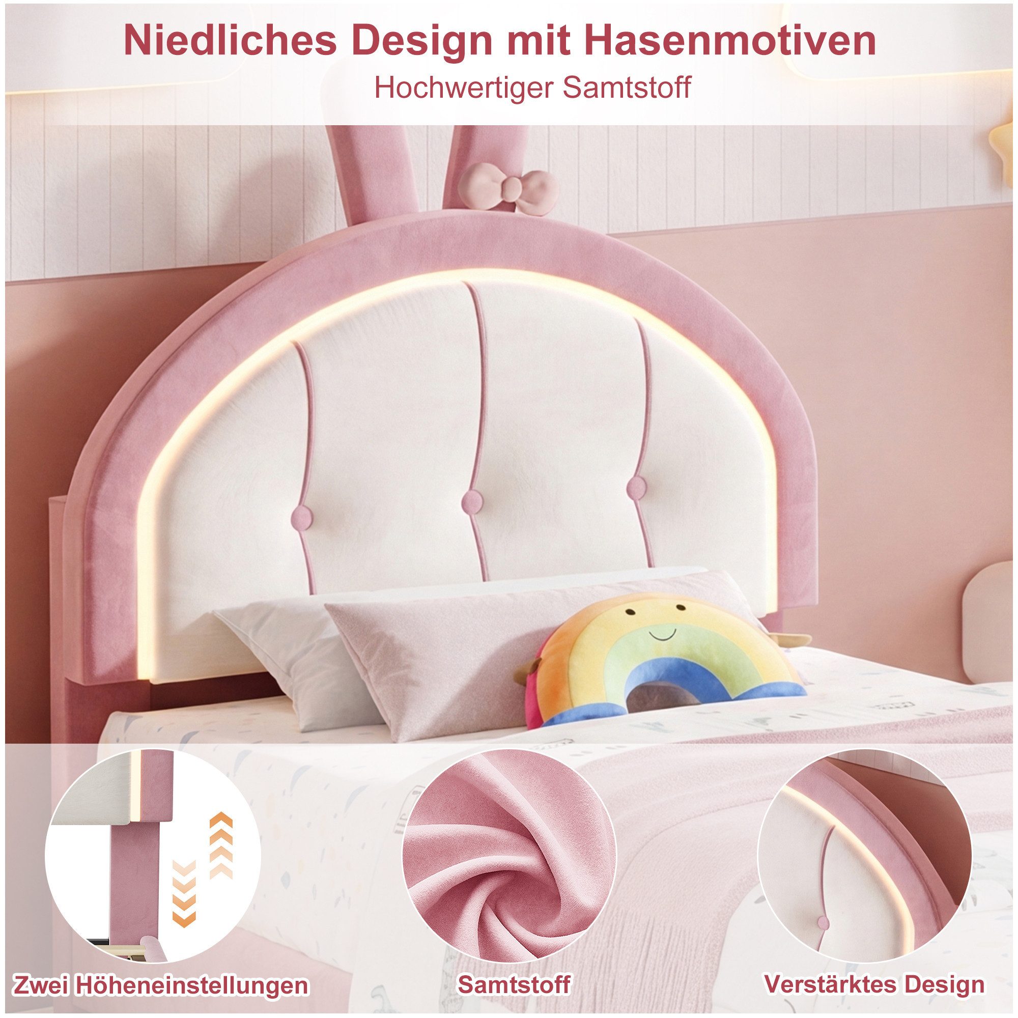 Simurq Prinzessinbett Polster Kinderbett 90x200 cm Samt Hasen‑Design mit LED‑Beleuchtung (höhenverstellbares Kopfteil, Bettenschublade mit Rollen), Einzelbett P – Bild 3 von 5