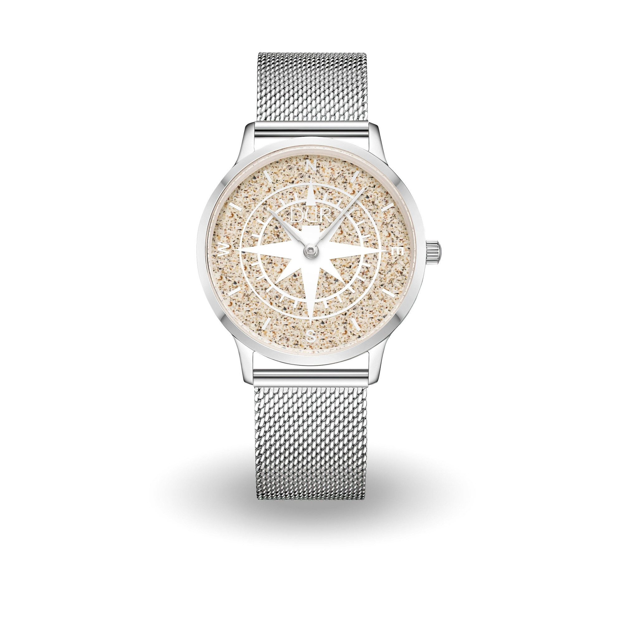 DUR Quarzuhr Damenuhr DW002, 36 mm – Kompass-Design mit echtem Strandsand, & Edelstahl-Meshband – Maritimer Zeitmesser mit Symbolkraft