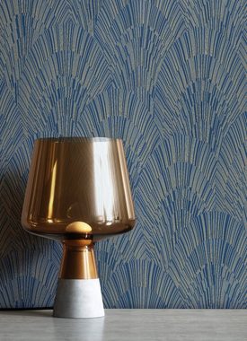 Newroom Vliestapete, Blau Tapete Grafisch Leicht Glänzend - Mustertapete Grafiktapete Gold Geometrisch Modern Pfauenfeder Ornamente für Wohnzimmer Schlafzimmer Küche