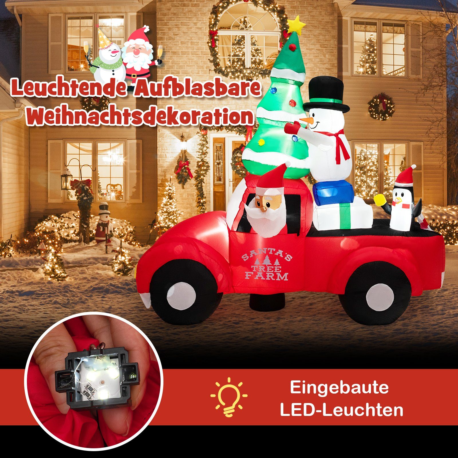COSTWAY Weihnachtsfigur, aufblasbarer Weihnachtstruck mit LEDs & Luftgebläse