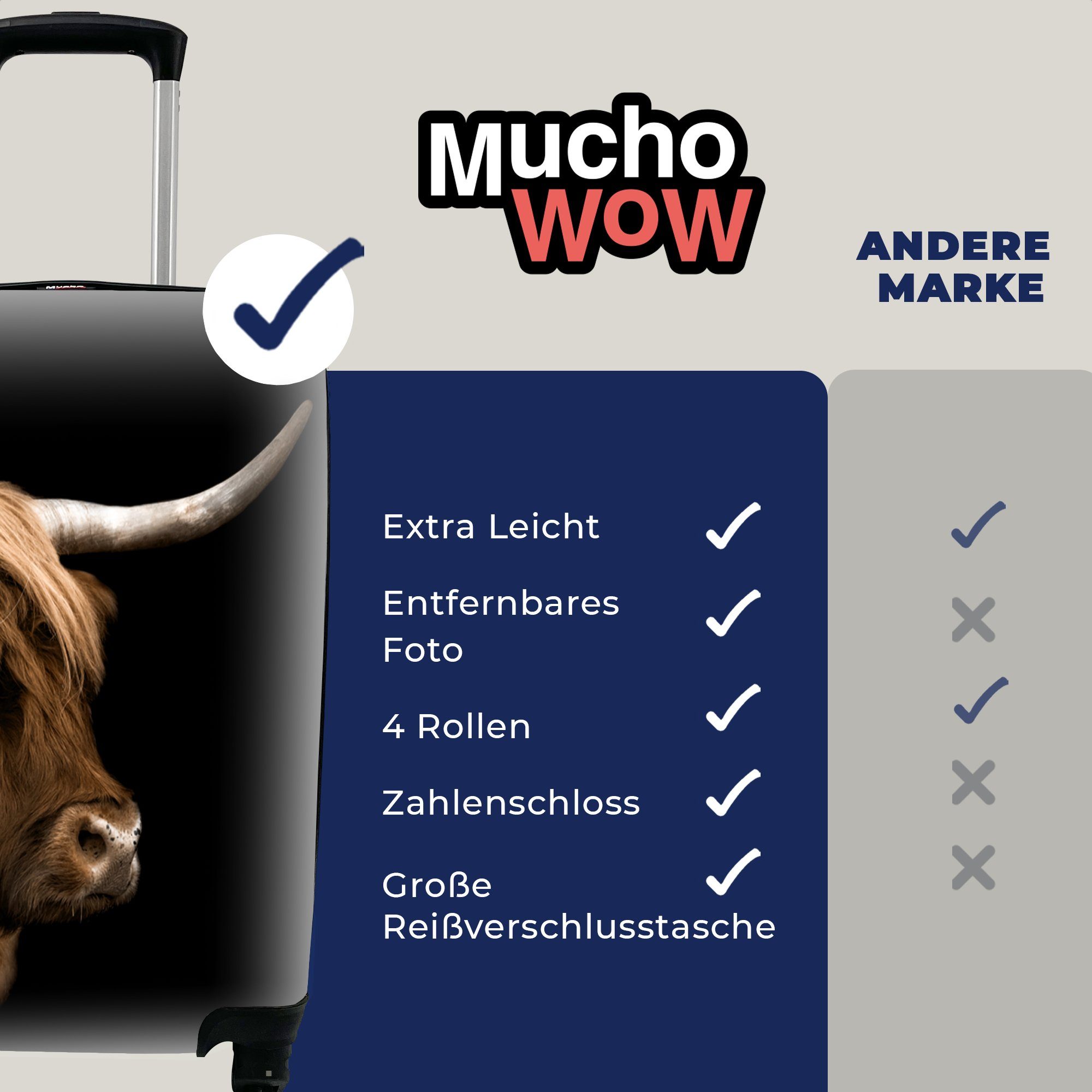 Handgepäckkoffer Handgepäck rollen, Reisetasche Trolley, Highlander Ferien, 4 MuchoWow Schottischer - Reisekoffer Schwarz, mit Kühe - für Rollen,