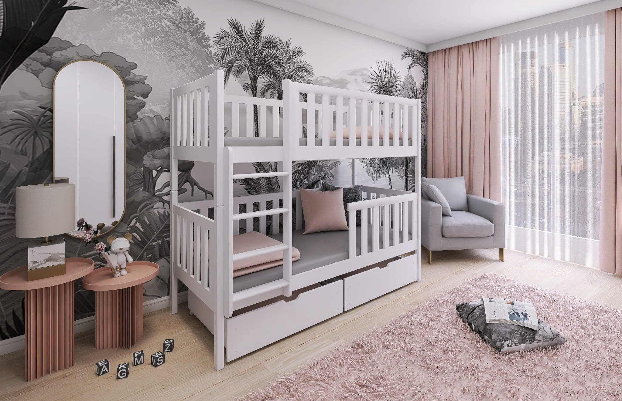 Deine Möbel 24 Etagenbett Hochbett Kinderbett für 2 Kinder MANUEL 90x200 Weiss (Kinderbett aus Vollholz massiv inkl. Lattenrost und 2 Schubladen), mit Rausfallschutz in 2 Einzelbetten umbaubar mit Matratzen optional