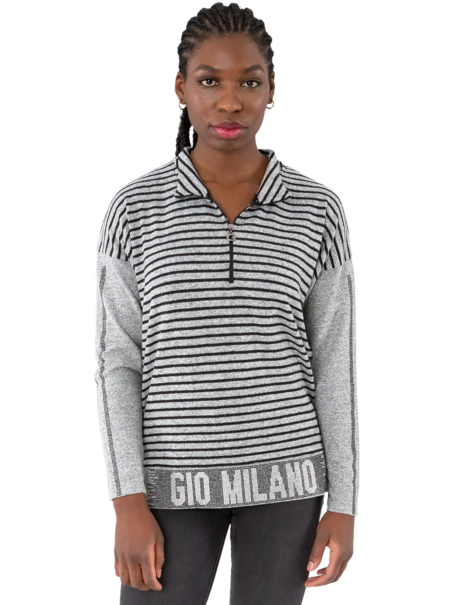 Stehkragenpullover G31-7601, gestreift mit Zip