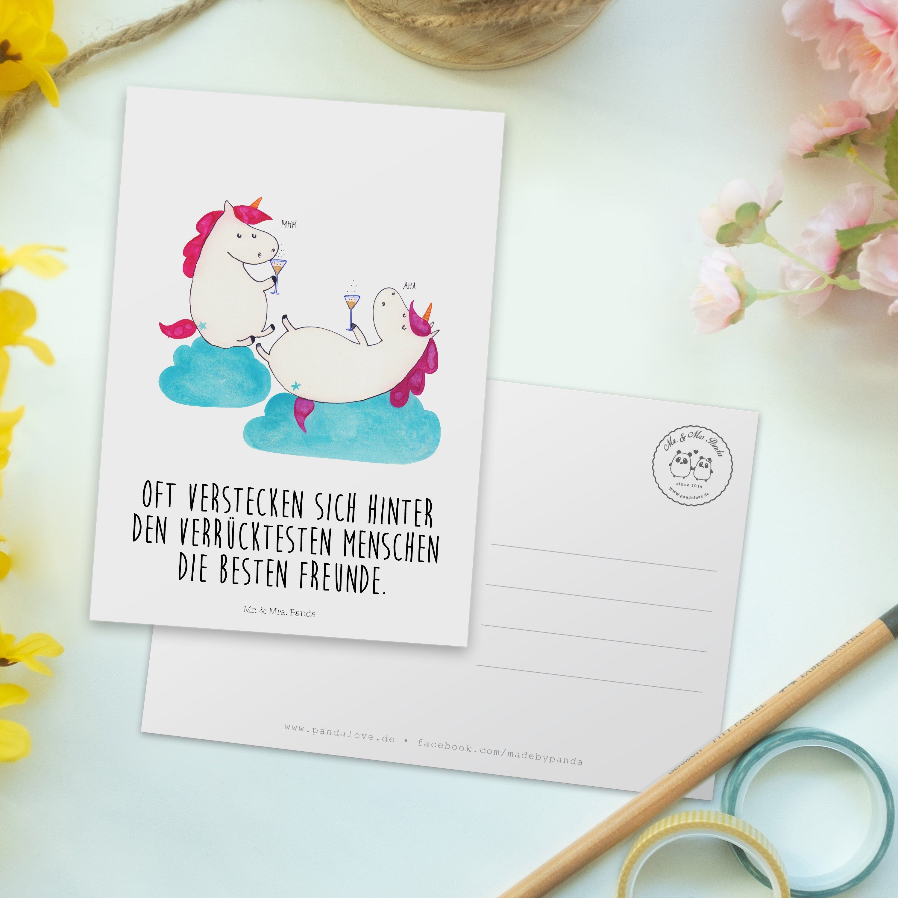 Mr. & Mrs. Panda Postkarte Einladungskarte, Einhörner - Geschenk, Anstoßen - Sekt Weiß Pegasus