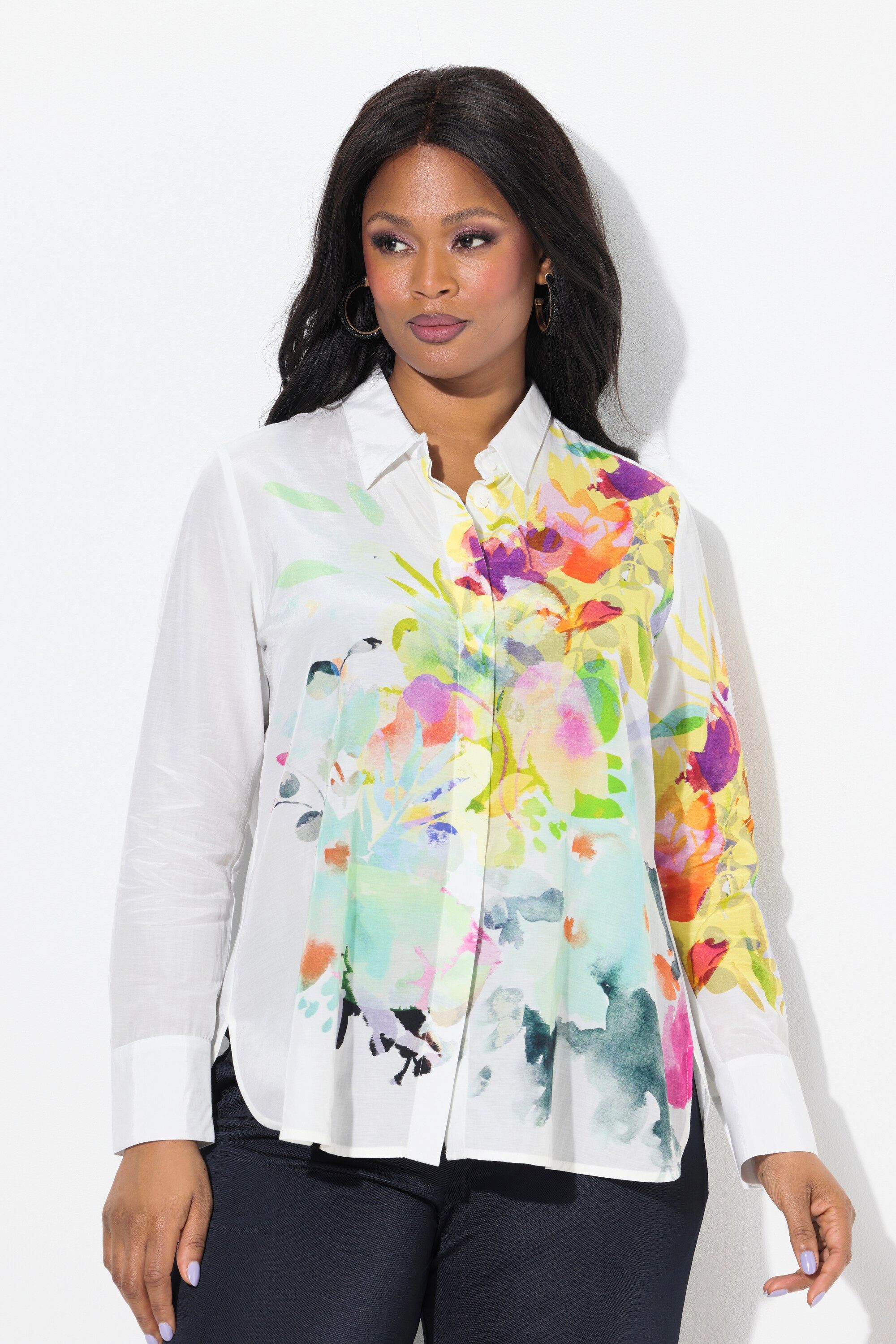 Hemdbluse Bluse Blüten A-Linie Hemdkragen Langarm