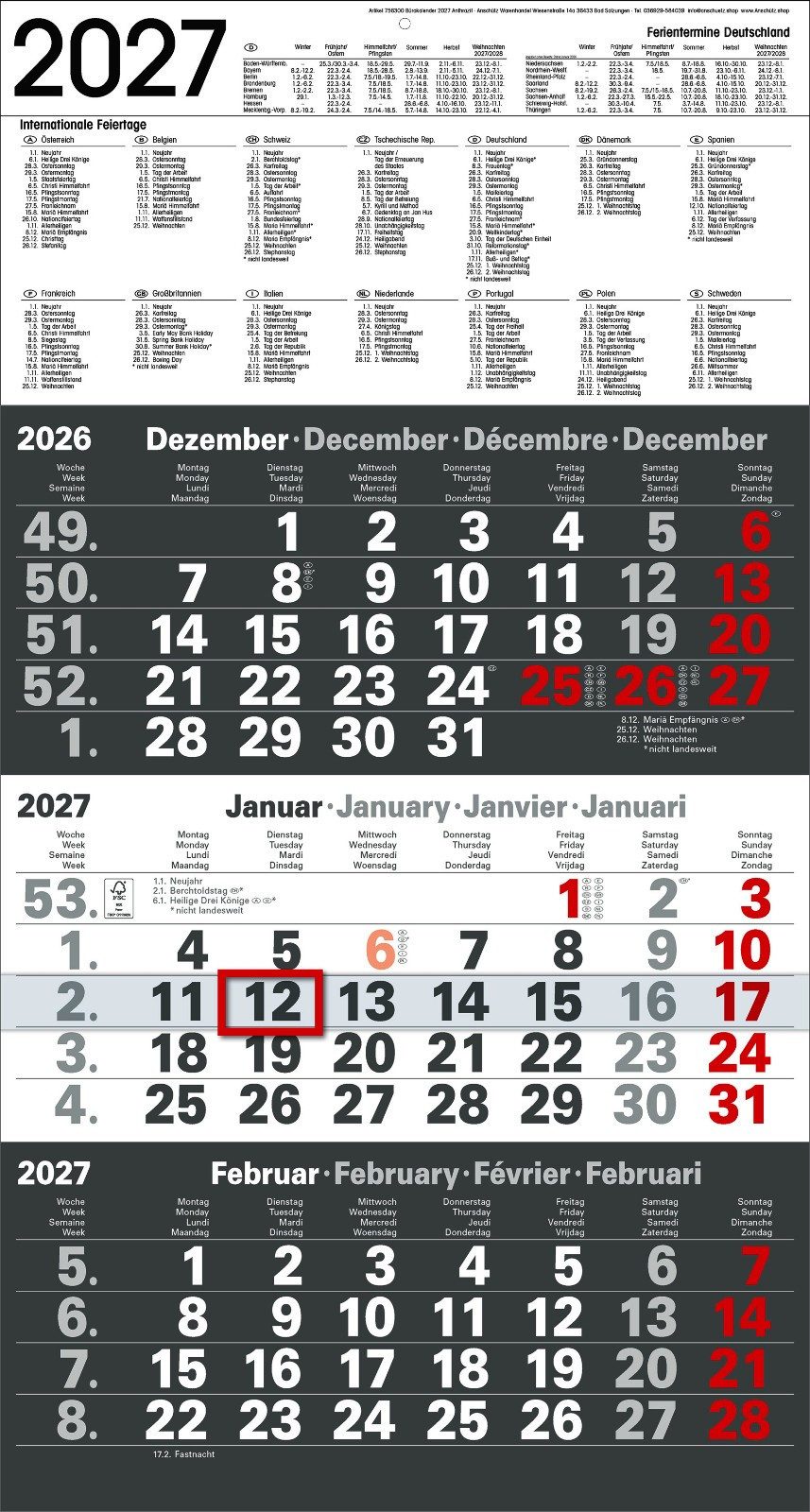 Anschütz Wandkalender Bürokalender 2027 „Kontrast“ – Anthrazit oder Blau