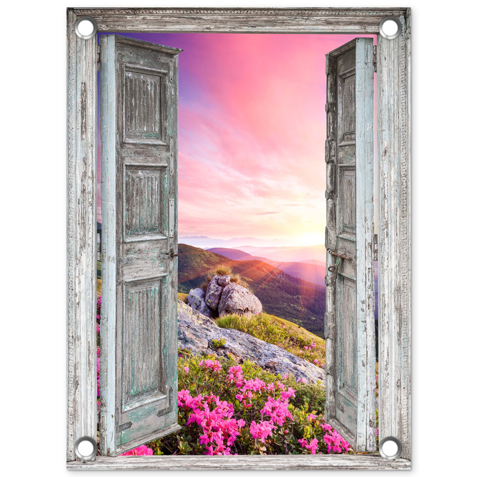 OnlyWow Poster für Garten Berge - Landschaft - Aussicht - Blumen, Gartenposter, Outdoor Bilder, Gartendeko für draußen, 30x40 cm