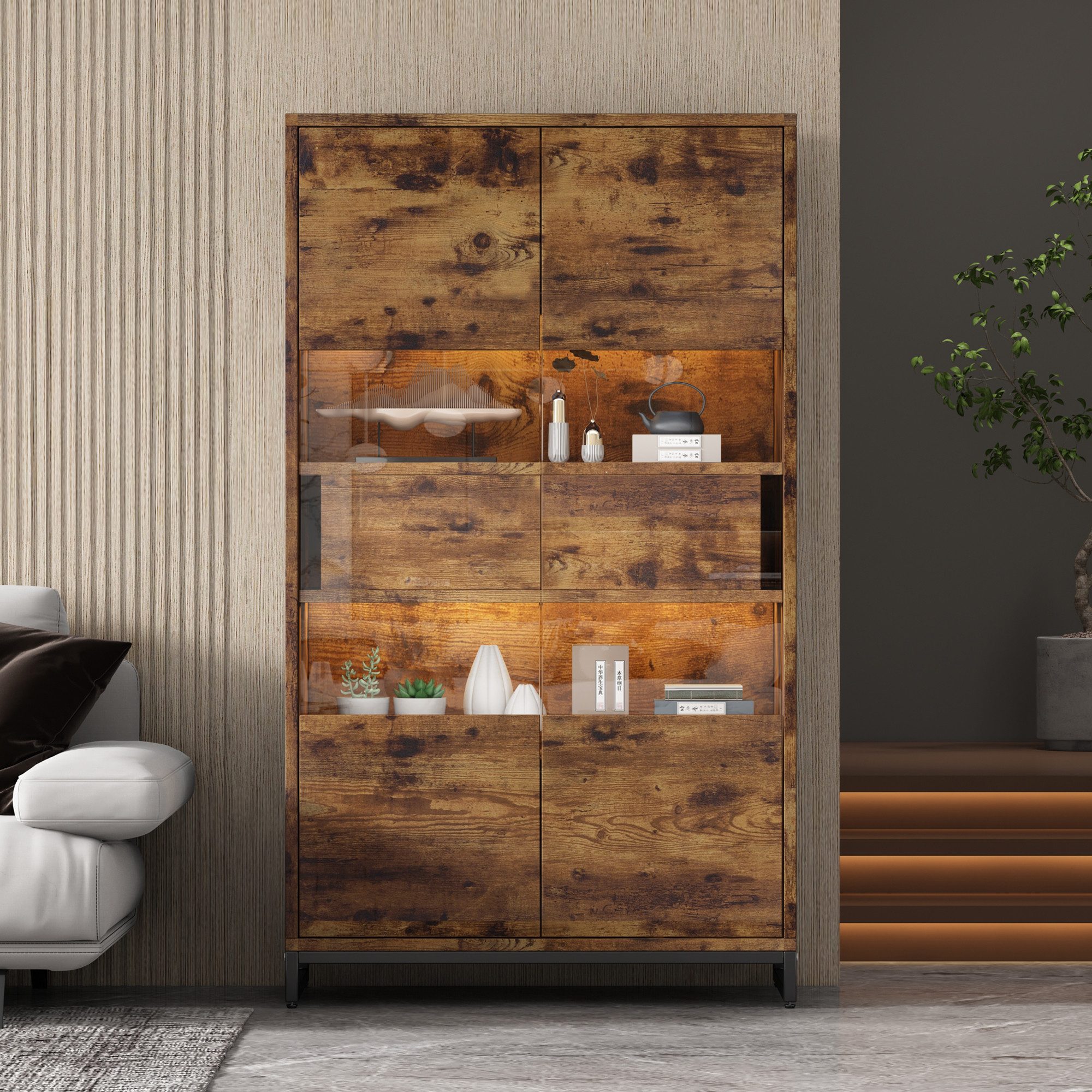 MODFU Vitrine Schwarz-Braun, Kippschutz (Stauraumvitrine mit Acrylblende, 1-St., mit 2 Schubladen) mit LED-Beleuchtung