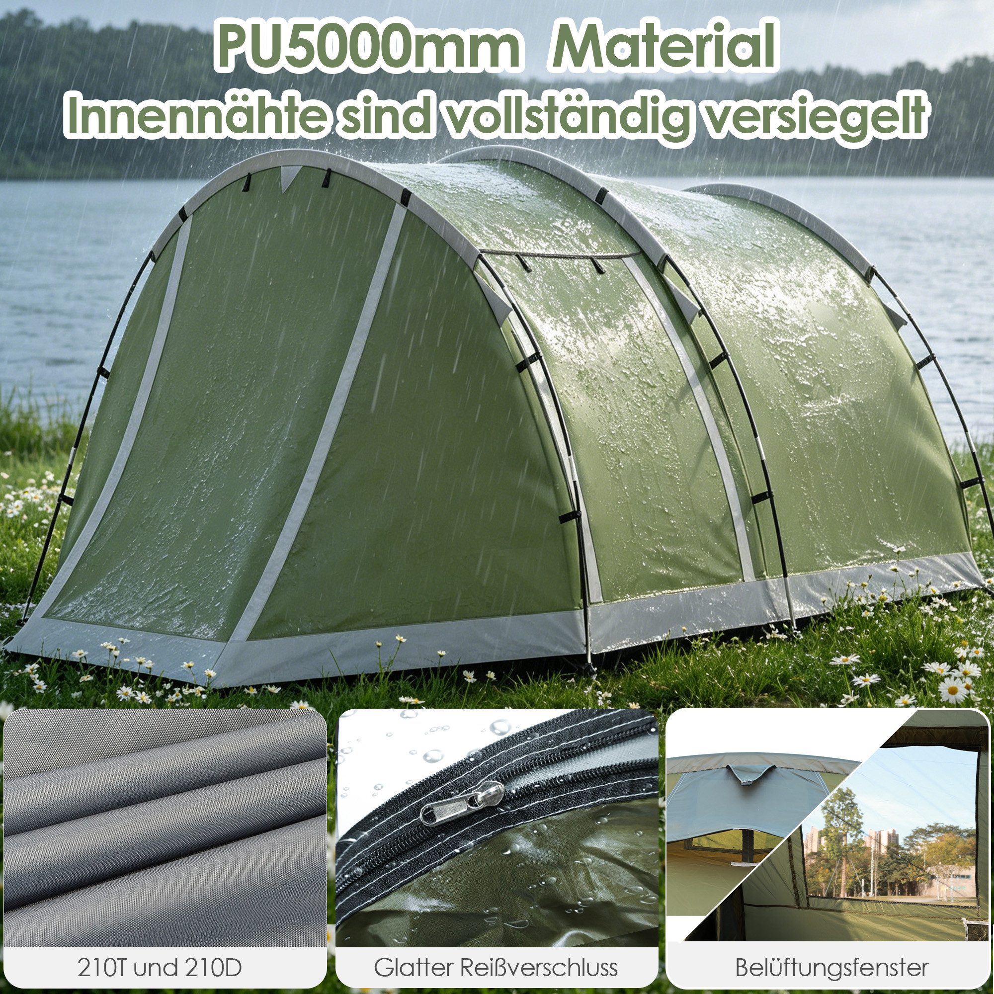 Lumkudos Tunnelzelt Camping Zelt 4 Personen Zelte 5000 mm Familienzelt 420 x 260 x 150 cm, Personen: 4 (Packung, 1 tlg., Tragetasche, Bodenplane, Innenzelt mit Moskitonetz, Heringe), Campingzelt mit Vorzelt Schlafkabine Tent mit abnehmbarem Zeltboden
