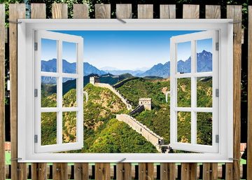 Wallario Sichtschutzzaunmatten Die Chinesische Mauer - Wahrzeichen in China im Sommer, mit Fenster-Illusion