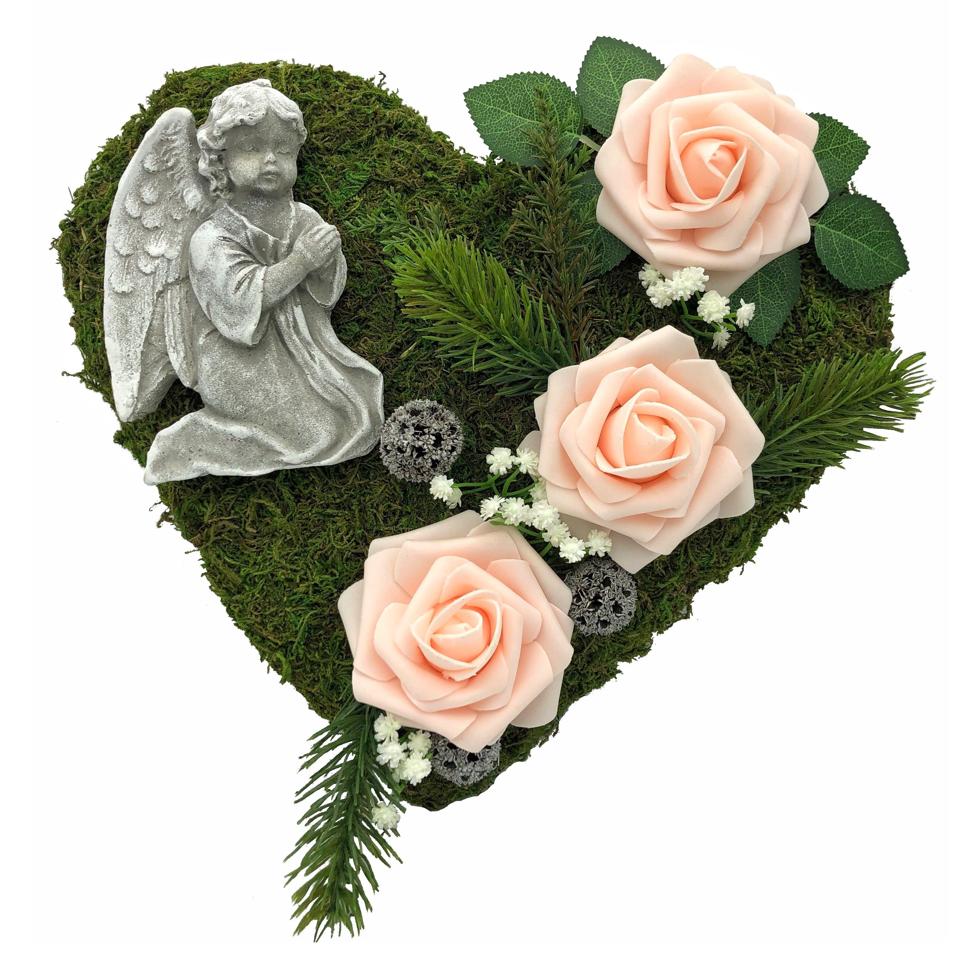 Radami Gartenfigur Grabgesteck Grabherz mit Engel 30cm 3 Rosen rosa günstig online kaufen