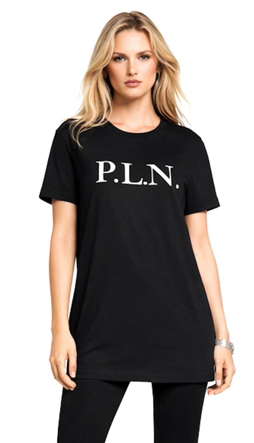 PHILIPP PLEIN T-Shirt P.L.N. Longline Mid Lang Mini Kleid Shirt Iconic Luxus Hexagonales Leder-Patch im Nackenbereich