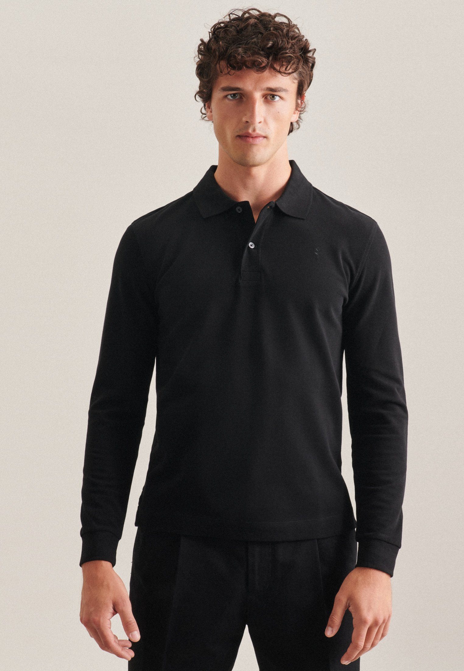 Poloshirt seidensticker Langarm Kragen Slim Uni Schwarz