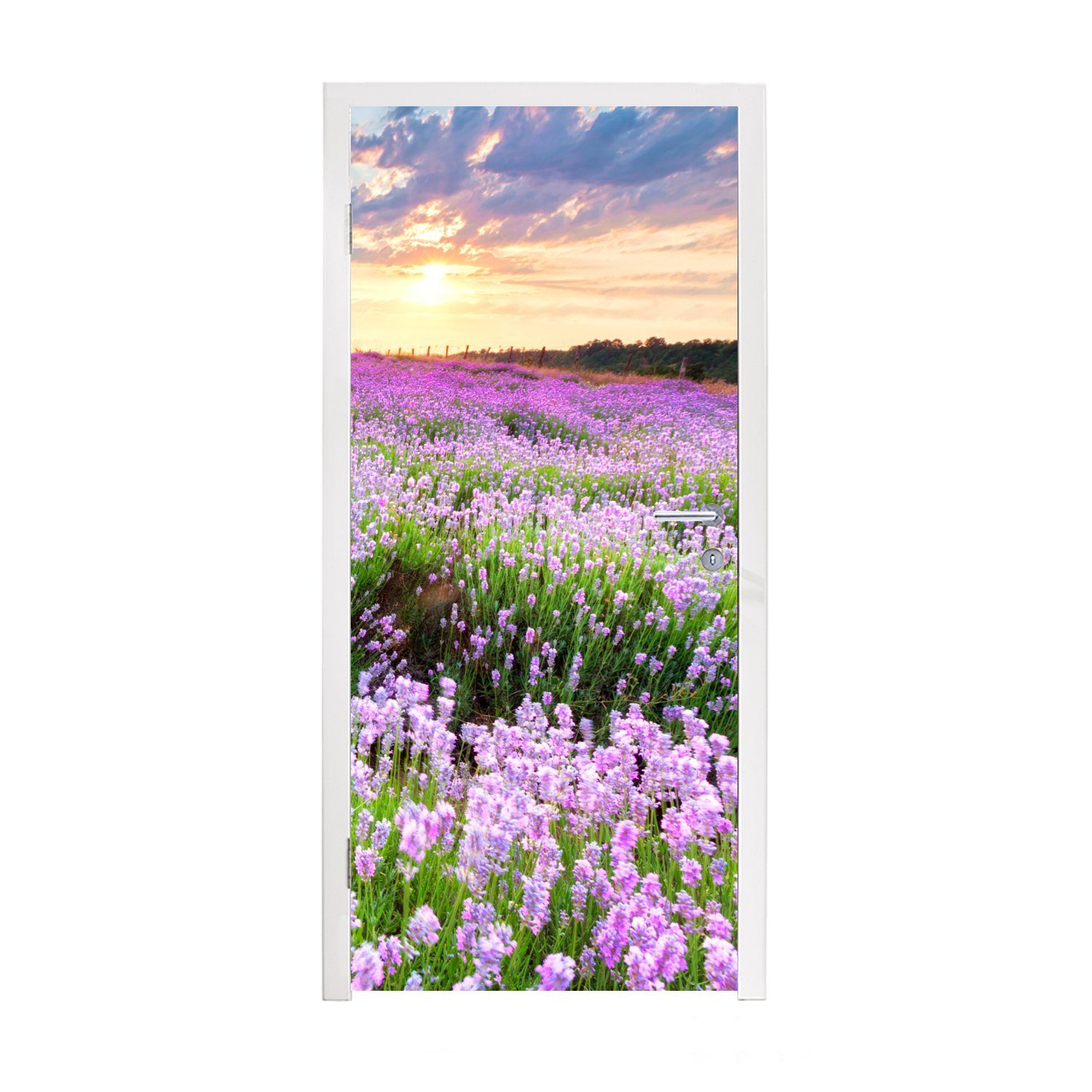 MuchoWow Türtapete Lavendel - Blumen - Sonnenuntergang - Lila - Wiese, Matt, bedruckt, (1 St), Selbstklebende Tapete, Folie für Möbel, 75x205 cm