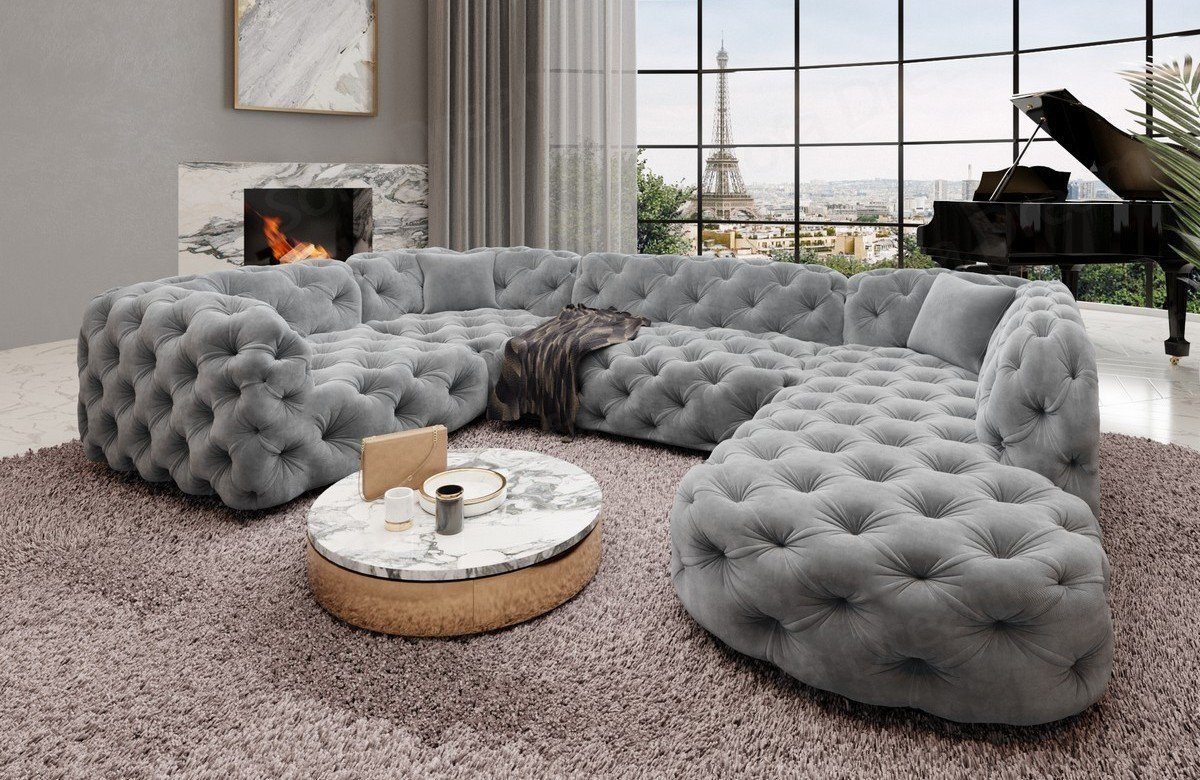 Sofa Dreams Wohnlandschaft Stoff Sofa Design Couch Lanzarote U Form Stoffsofa, Couch im Chesterfield Stil