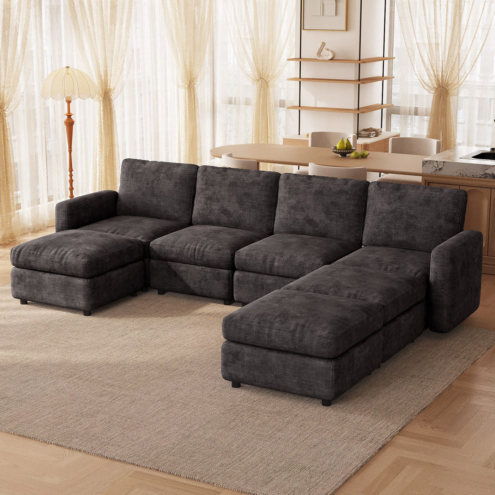 Guyii Sofa mit Hocker, kombinierbar, 4-Sitzer, weich, dunkelgrau, 7 Teile, L-form