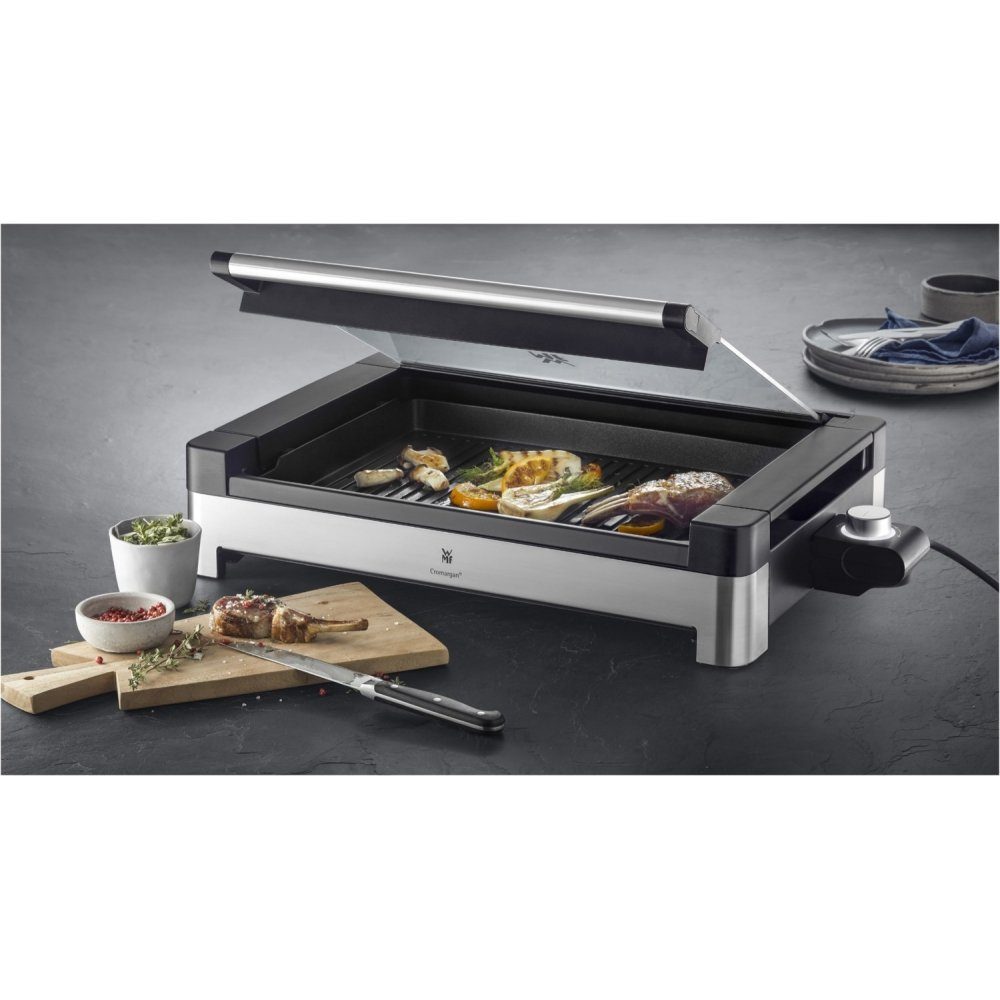 WMF Tischgrill Lono gerippt mit silber/schwarz Glasdeckel - - Tischgrill