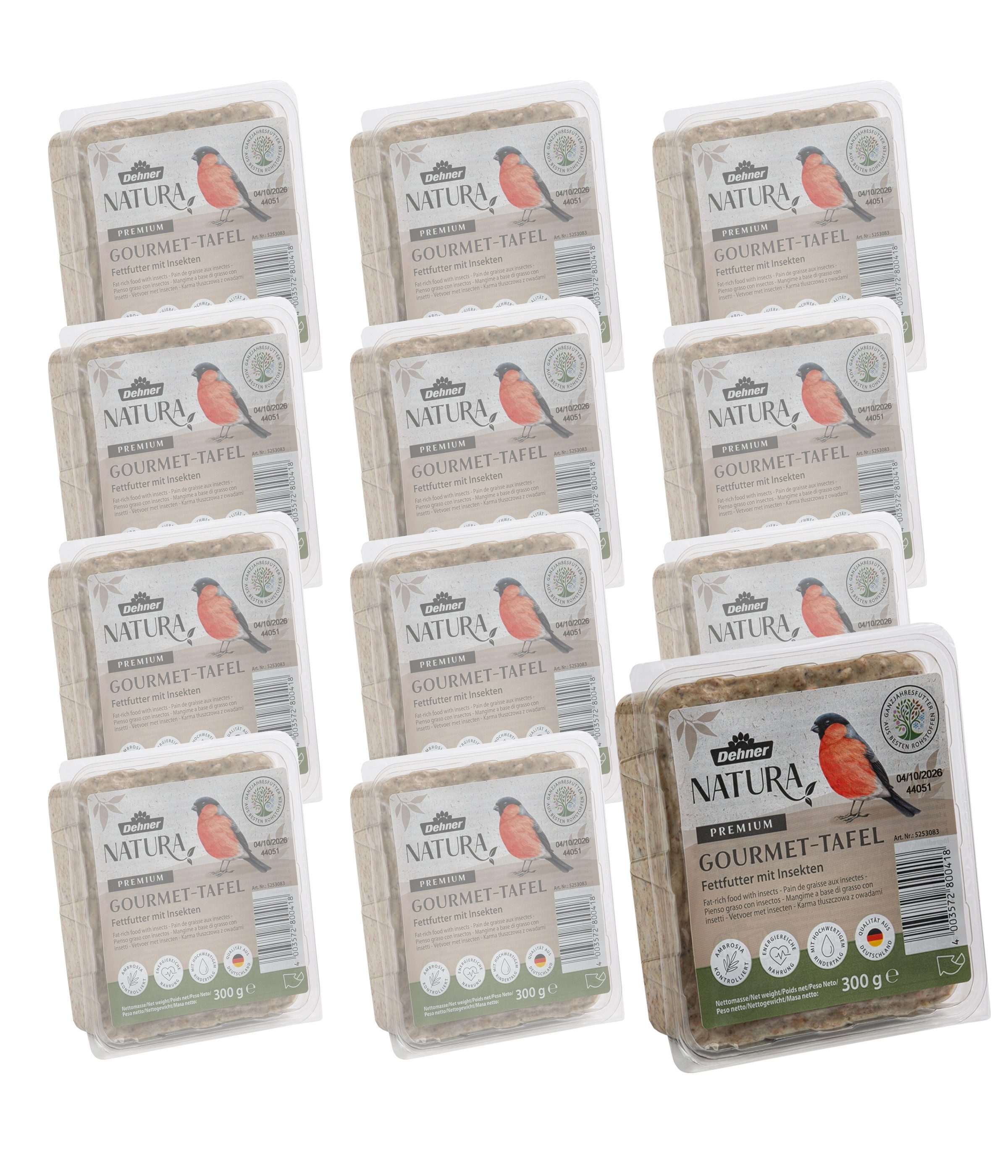 Dehner Natura Premium Futter-Tafeln, Wildvogelfutter, 12 x 300 g (3.6 kg), Hauptfutter für: Gartenvögel, Wildvogel, hochwertig mit Insekten, energiereiches Ganzjahresfutter