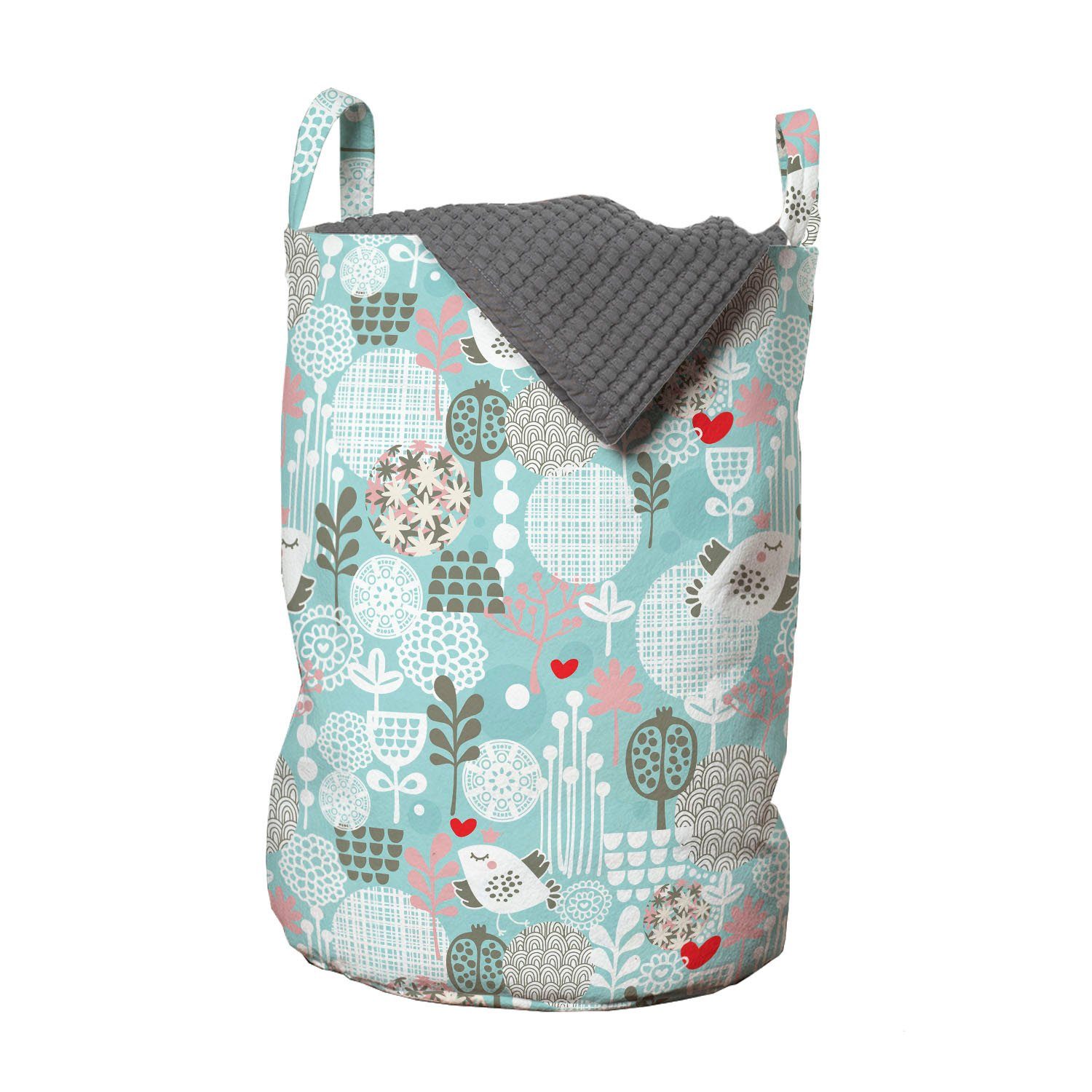 Abakuhaus Wäschesäckchen Wäschekorb mit Griffen Kordelzugverschluss für Waschsalons, Blumen Valentines Vögel | Wäschesäcke