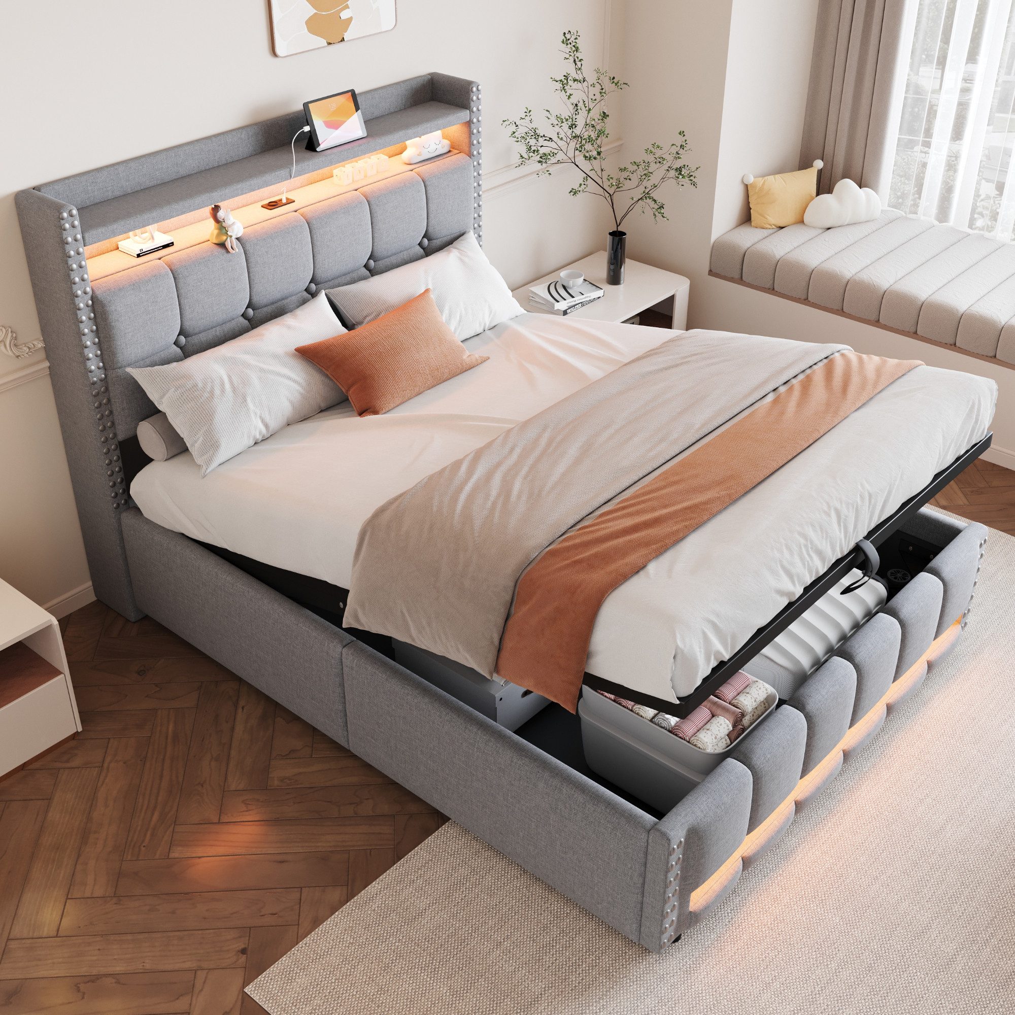 Flieks Polsterbett, LED Hydraulisches Stauraumbett Doppelbett günstig online kaufen