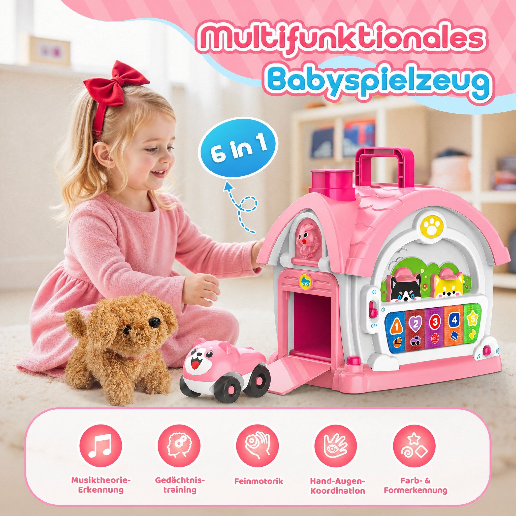 Wootoy Lernspielzeug Spielcenter 6-in-1 Aktivitätshaus mit Musikfunktion Formensortierer (mit Pop-up-Hund Telefon Schiebeelement weitere interaktive Funktionen, 1-St., Weicher Plüschhund und bewegliches Hundeauto), Fördert Feinmotorik Hand-Augen-Koordination und logisches Denken