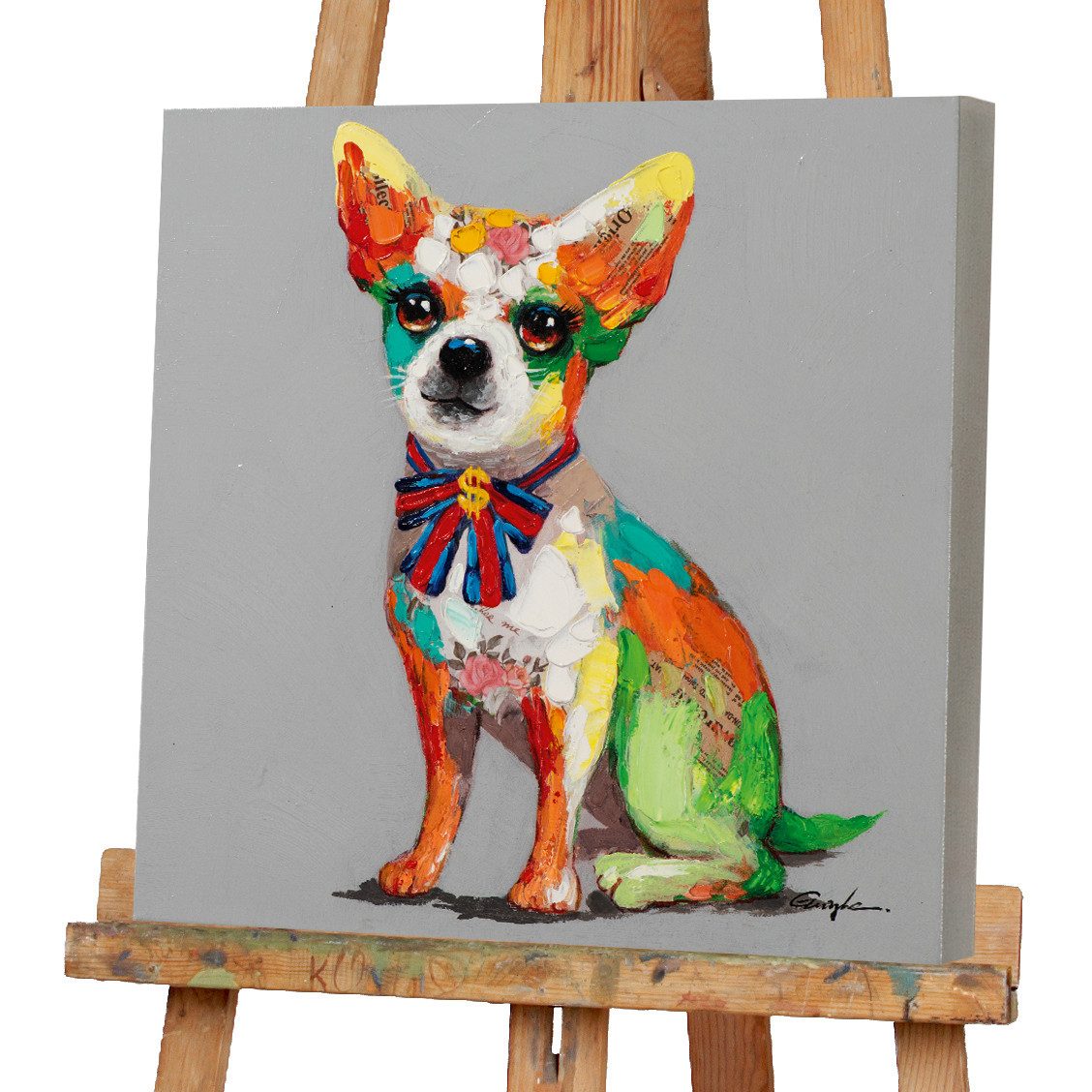 ArtUniverse Gemälde Leinwandbild Bunter Chihuahua mit Schleife 50 x 50 cm, Tiermotiv