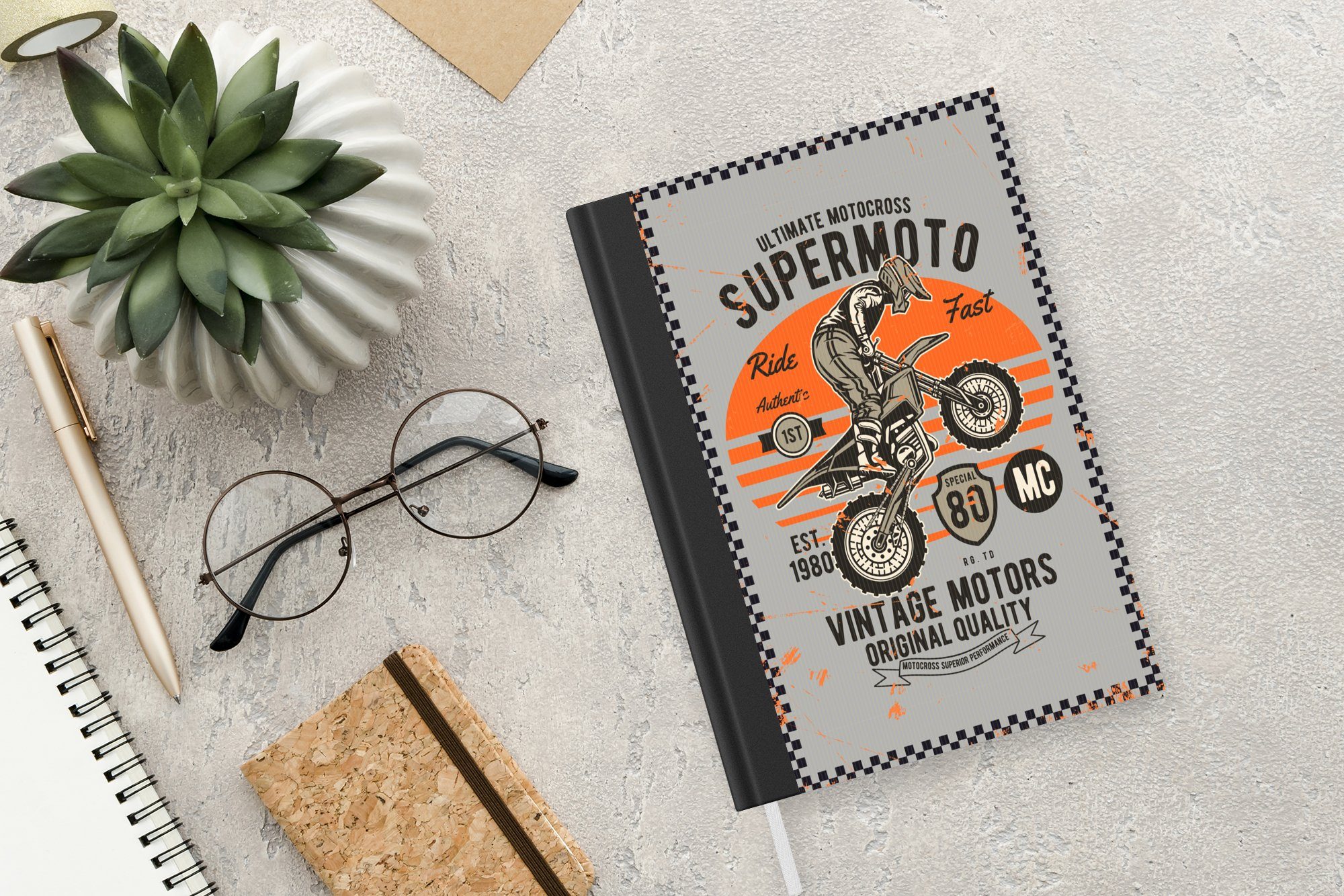 Retro, - Seiten, - Haushaltsbuch Mancave 98 - A5, Merkzettel, Journal, Notizheft, Tagebuch, Notizbuch Motocross MuchoWow Motor