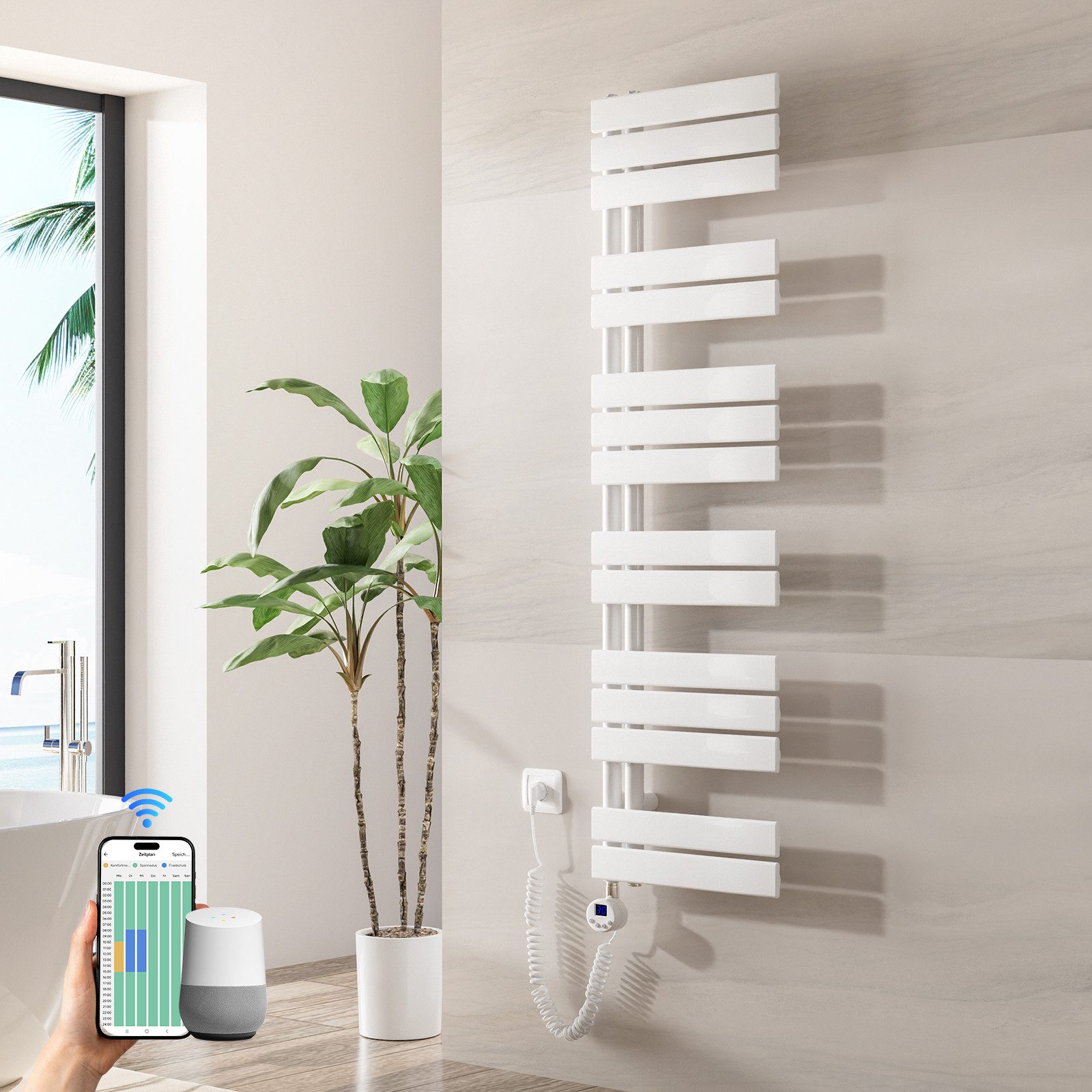 MEYKOERS Elektrischer Badheizkörper Handtuchheizkörper Handtuchtrockner Handtuchwärmer Asymmetrisch, Smart WLAN Badheizkörper mit App-Steuerung, Alexa & Google Home