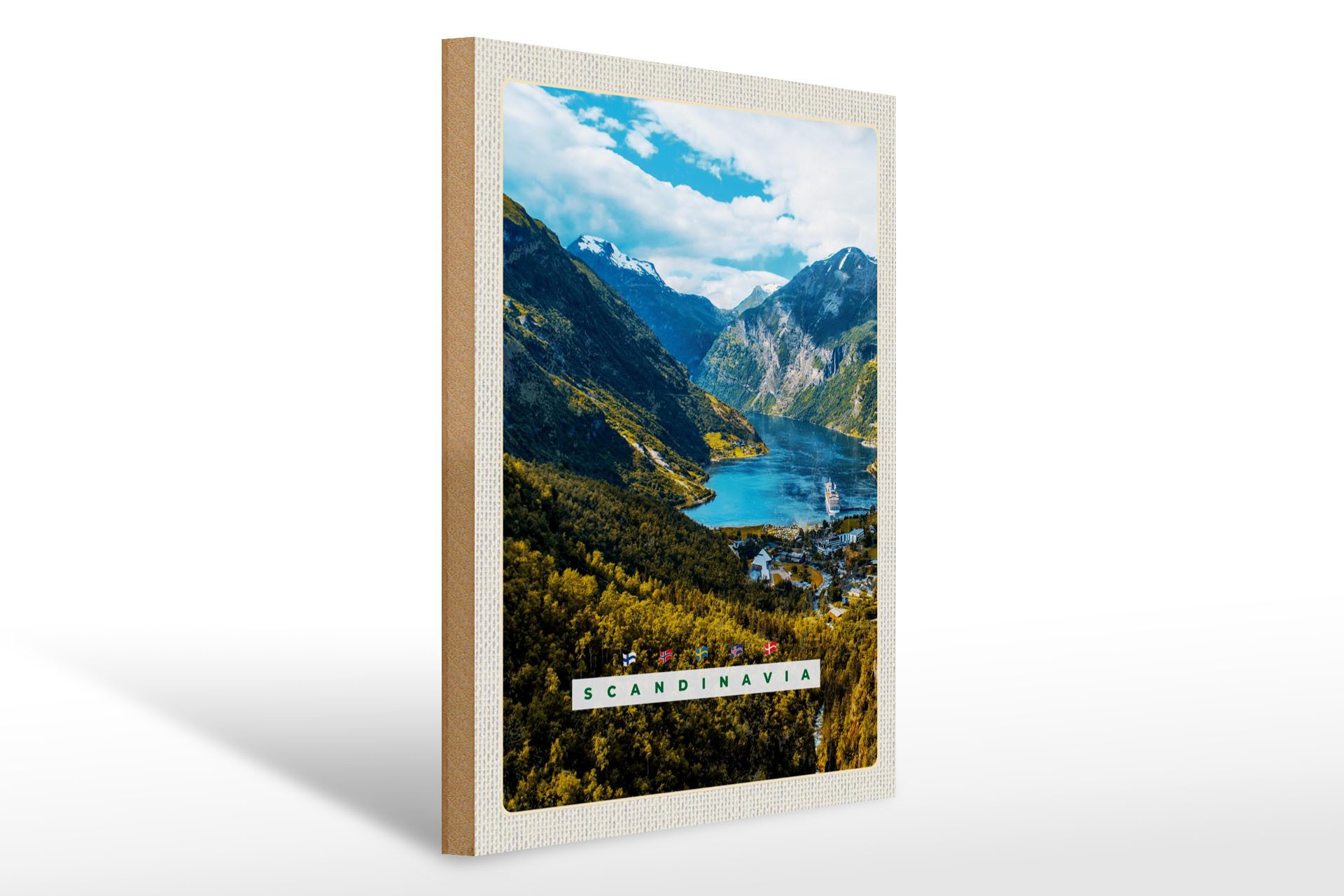 Holzbild Reise 30x40cm Skandinavien Natur Meer Gebirge Schiff