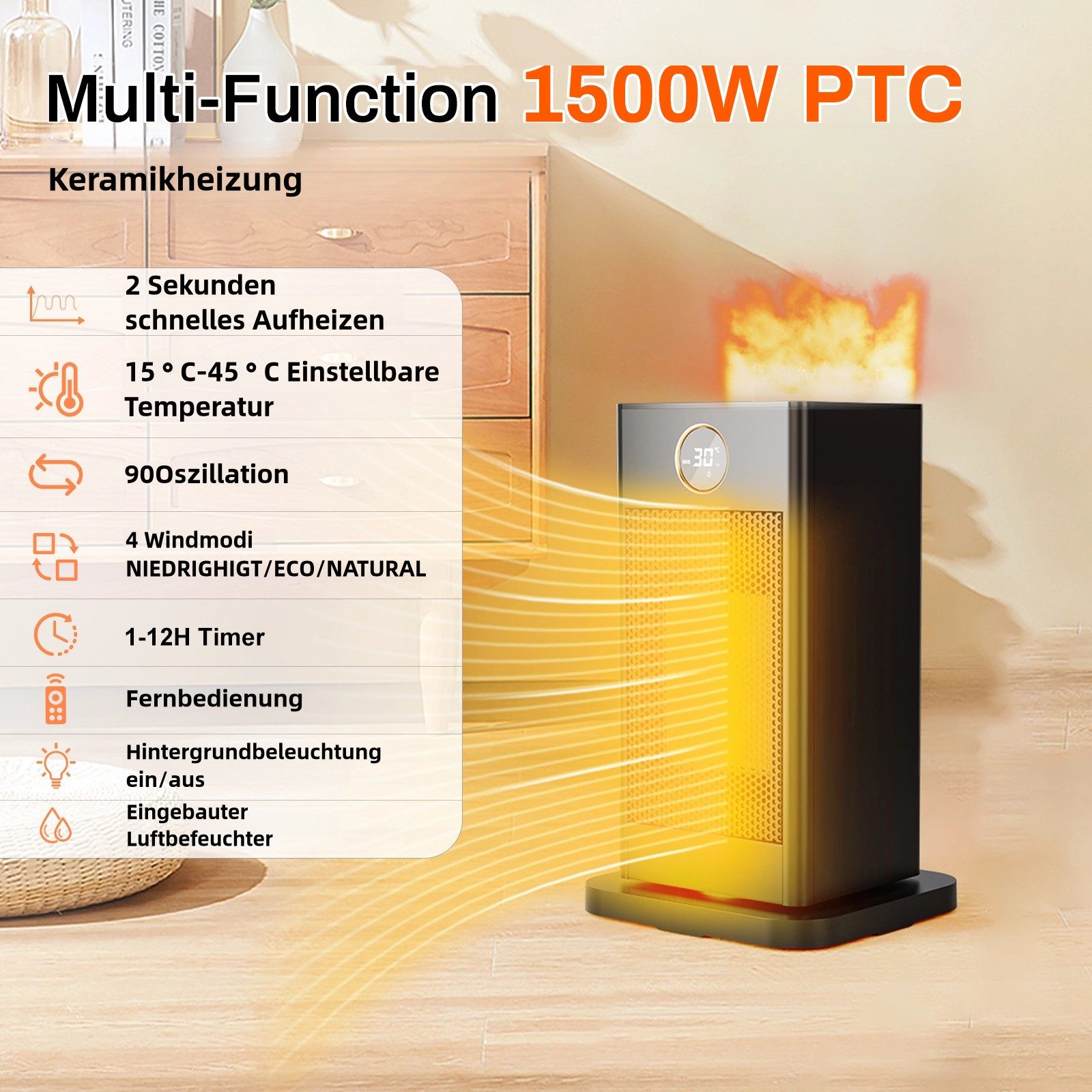 TLGREEN Heizlüfter mit Befeuchtungsfunktion, PTC Leise Heizung,12-Std-Timer, 4 Modus, 1500 W, 90° Oszillierend, Fernbedienung, Umgebungslicht, Tip Over Schutz